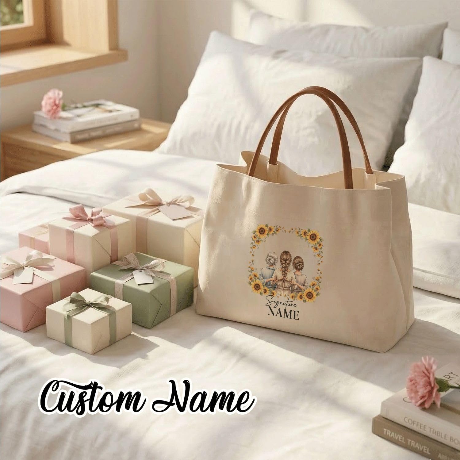 JugJug Personalized Canvas Tote Bag with Custom Name Candy Love Graphic Faux Leather Handles for Women Mothers Day