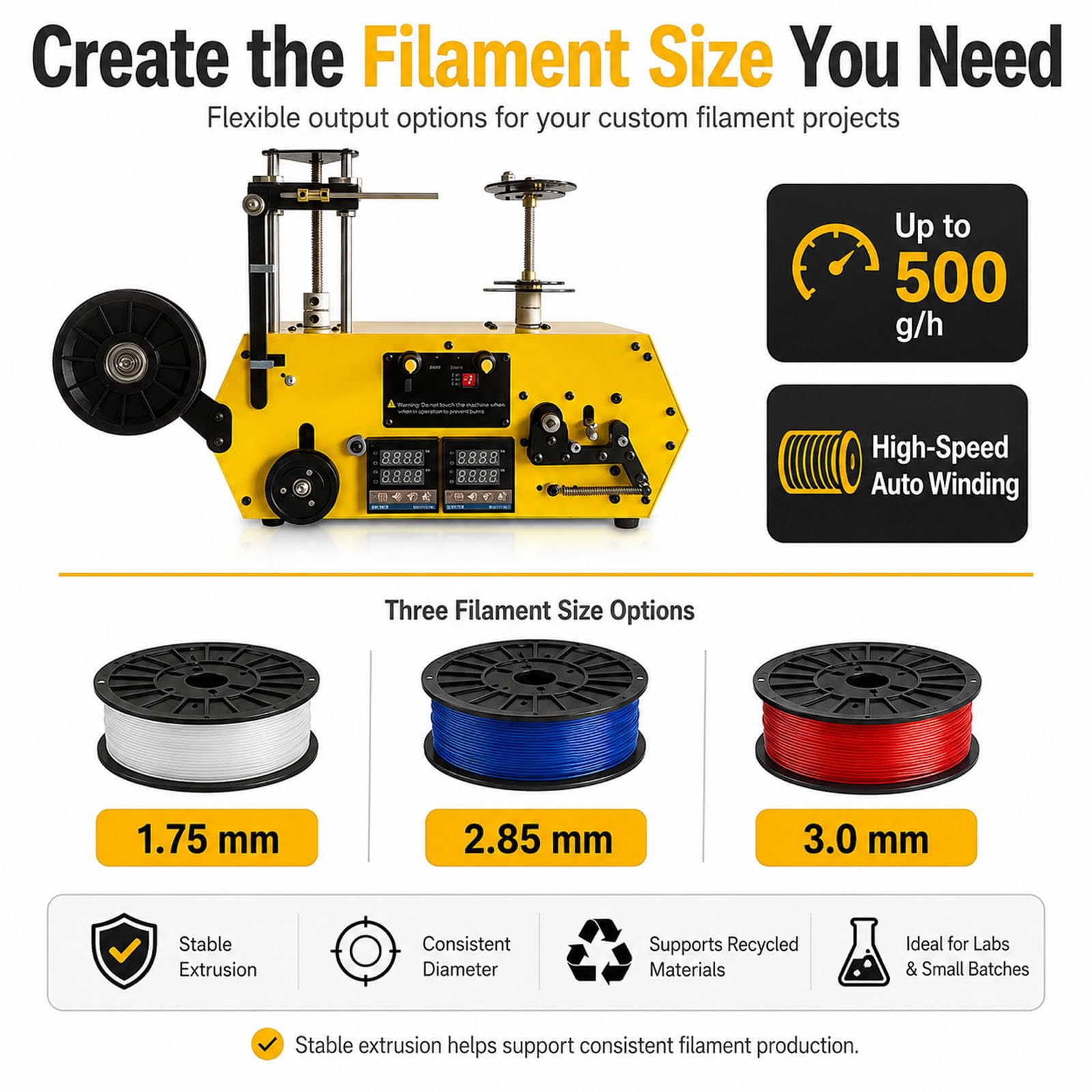Máquina Recicladora De Filamento para Impresoras 3D De Alta Precisión, Extrusora, Bobinado Auto 500g/h para PLA-CF PETG-CF PA-CF 1,75/2,85/3,0mm