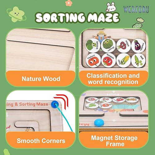 Miniatura 4 de WERFORU Laberinto magnético de aprendizaje y clasificación, tablero de rompecabezas de madera para niños pequeños, Montessori, preescolar,