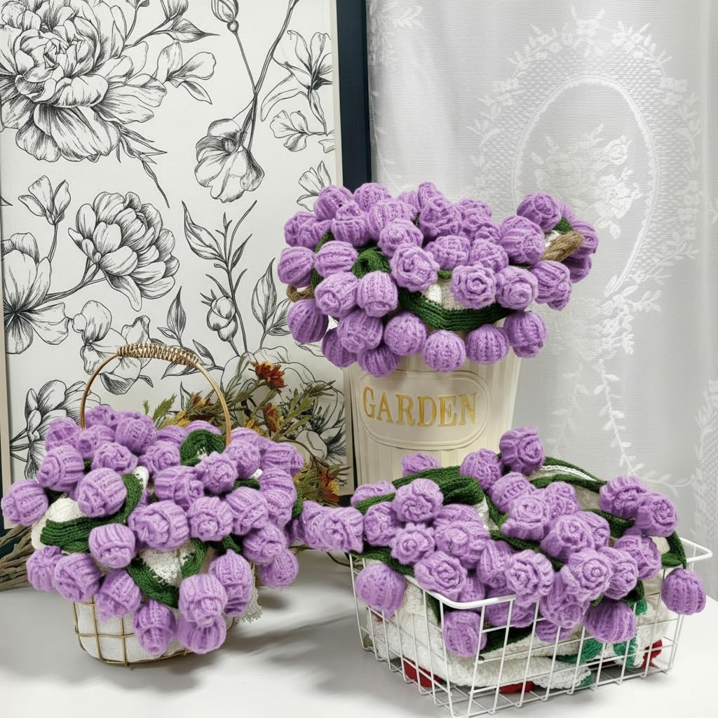 Coperta Bouquet di Fiori, Plaid con Fiori all'Uncinetto Finita, Coperta con Decorazione di Rose, Ideale come Regalo per Donne per San Valentino e Compleanni (Rosa - Viola, 110CM)