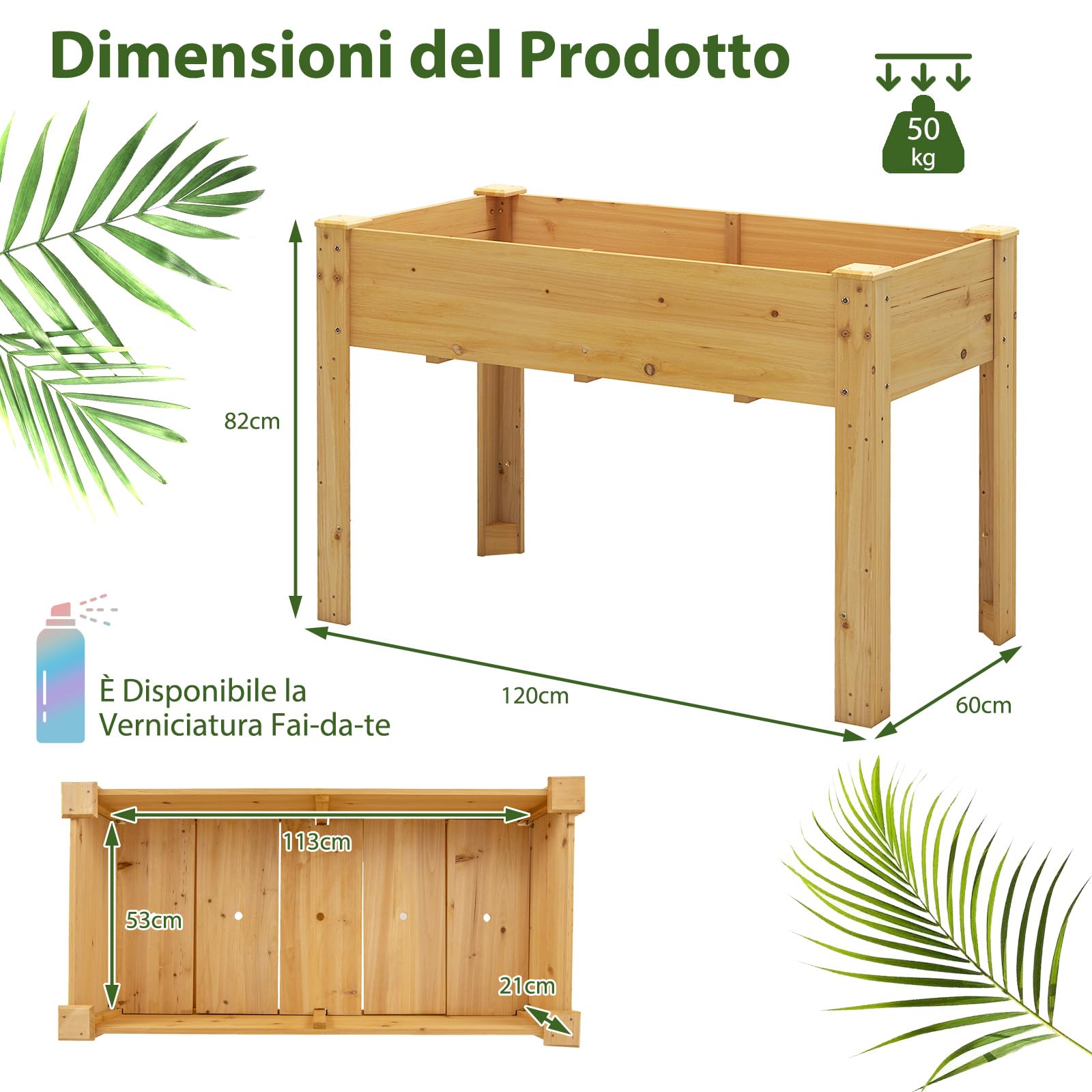 COSTWAY Letto per Orto Rialzato da Esterno in Legno di Abete, Fioriera Rialzata con Fori di Drenaggio, Letto per Piante Urbano da Giardino e Patio, 120 x 60 x 82 cm (Naturale)