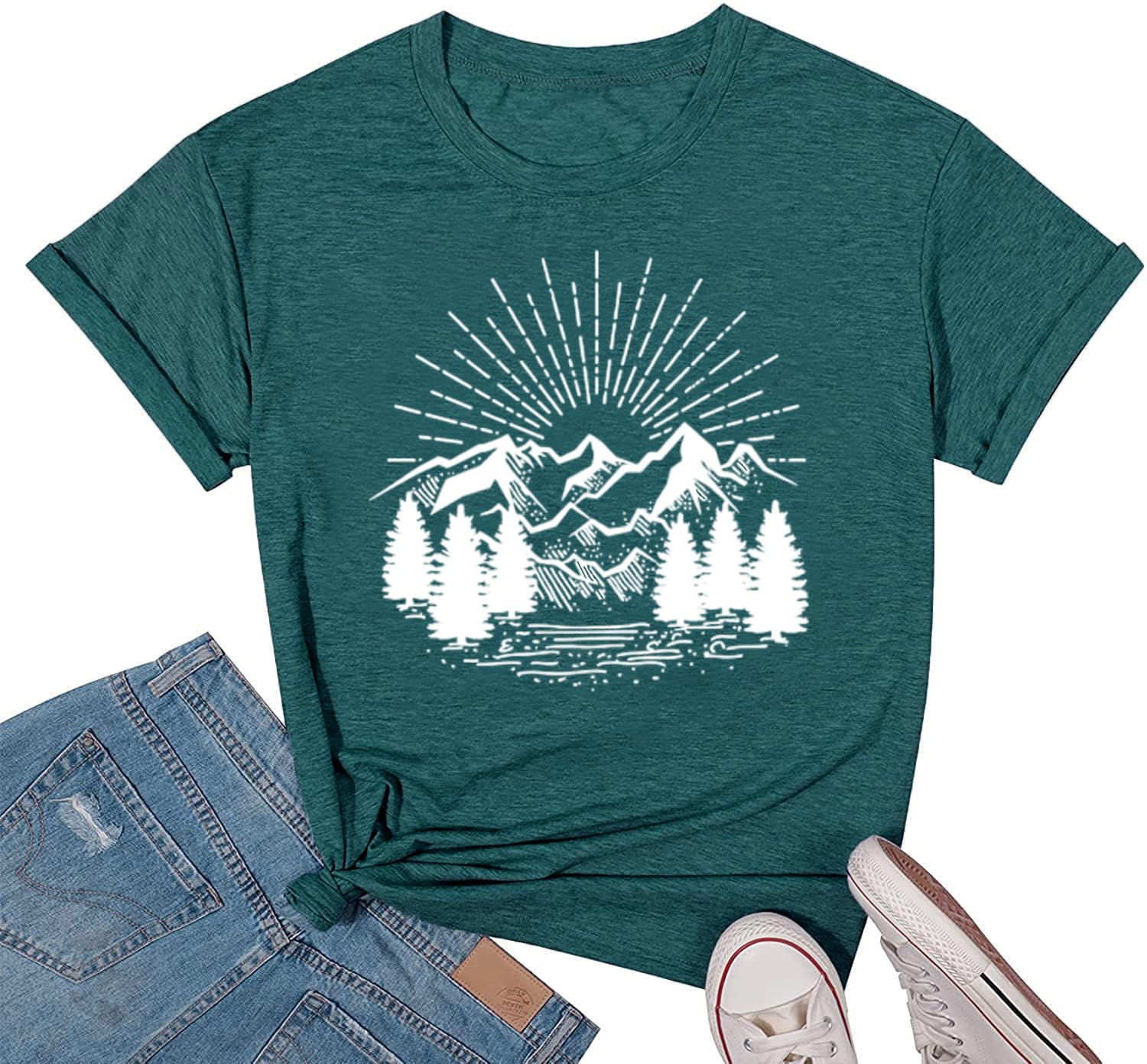 Calvin&SallyHiking Graphic Tees for Women Nature Printed Mountain Shirts Short Sleeve Funny Workout Athletic Tees Casual Graphic T-Shirts