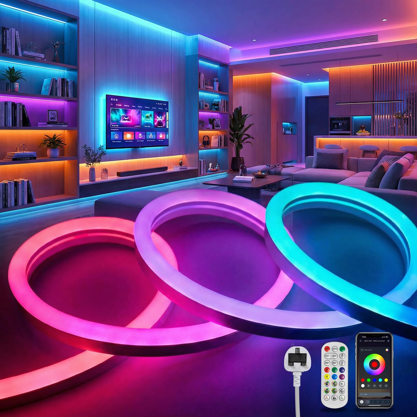 KSIBNW LED Strip Light 3M Outdoor Waterproof, RGBIC Neon Rope Lights with App and Remote Control, Multiple Modes, Music Sync, Colour Changing, LED Light Strips for Bedroom Party Home Decoration
