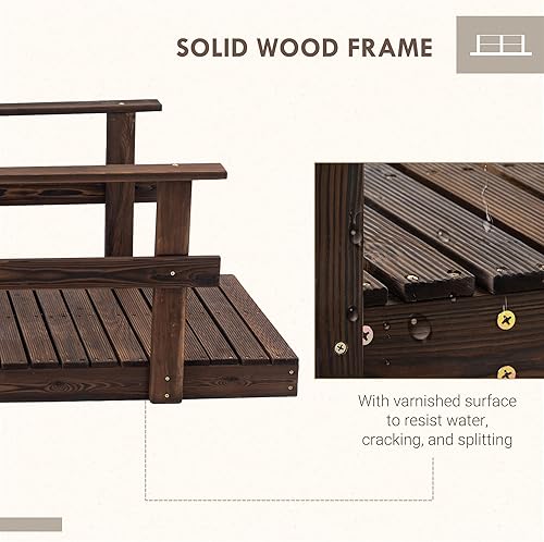 Miniatura 4 de Outsunny Puente de jardín de madera de 7 pies con rieles de seguridad, pasarela para estanques, arroyos, arroyos, acabado manchado