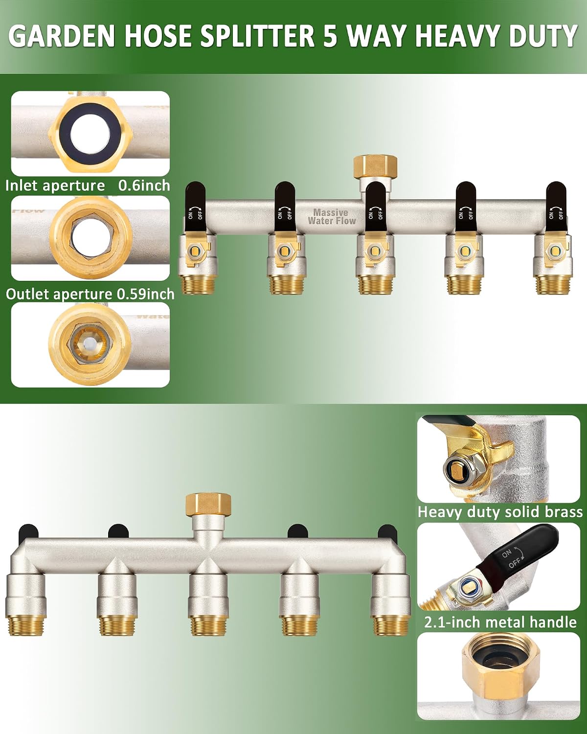 5 Way Hose Splitter Heavy Duty, Garden Hose Splitter with 5 Long Handle, Full Flow Brass Nickel Plated Water Hose T Spigot Splitter Adapter Connector, 3/4 - Inch GHT Thread (Black)