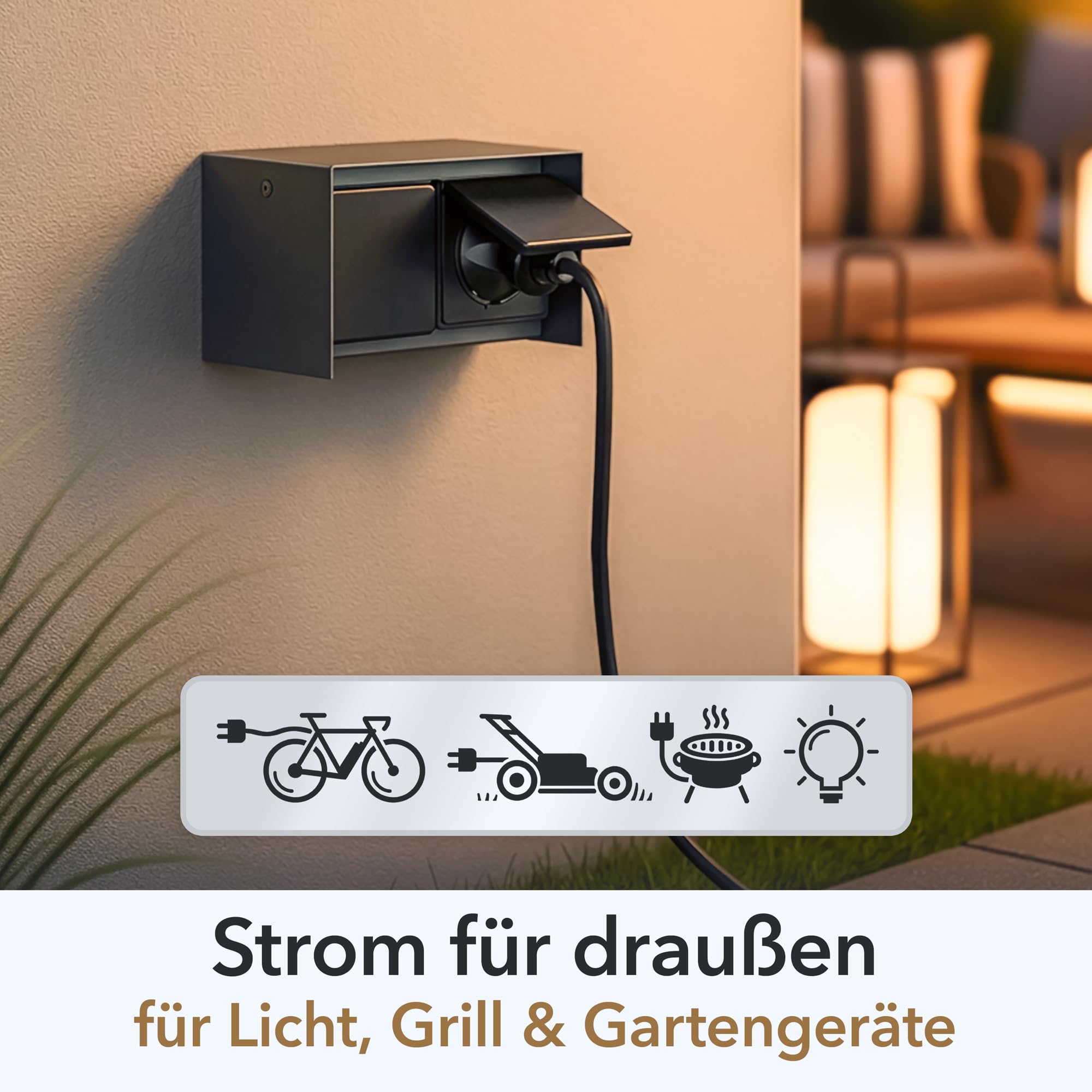 ledscom.de Presa da esterno tripla STEDDA a 2 vie con cavo da 2 m, IP44, acciaio inossidabile antracite in posizione orizzontale, prese per giardino, terrazza e spazi esterni