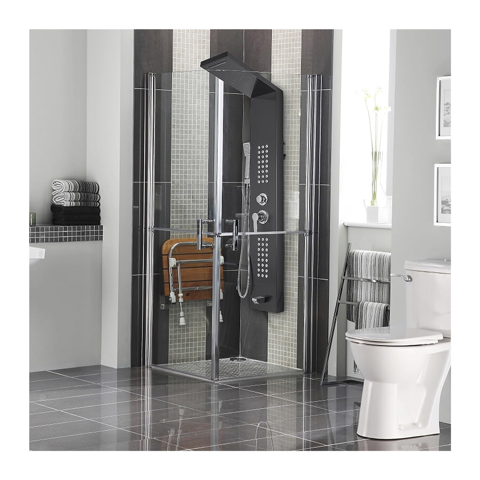 di Pannelli Doccia con Luce a LED ， Rubinetto for Doccia a Pioggia a Cascata ， Doccia con tti massaggianti Spa Vasca da Bagno con Bidet Rubinetti for Vasca da Bagno(Noir)