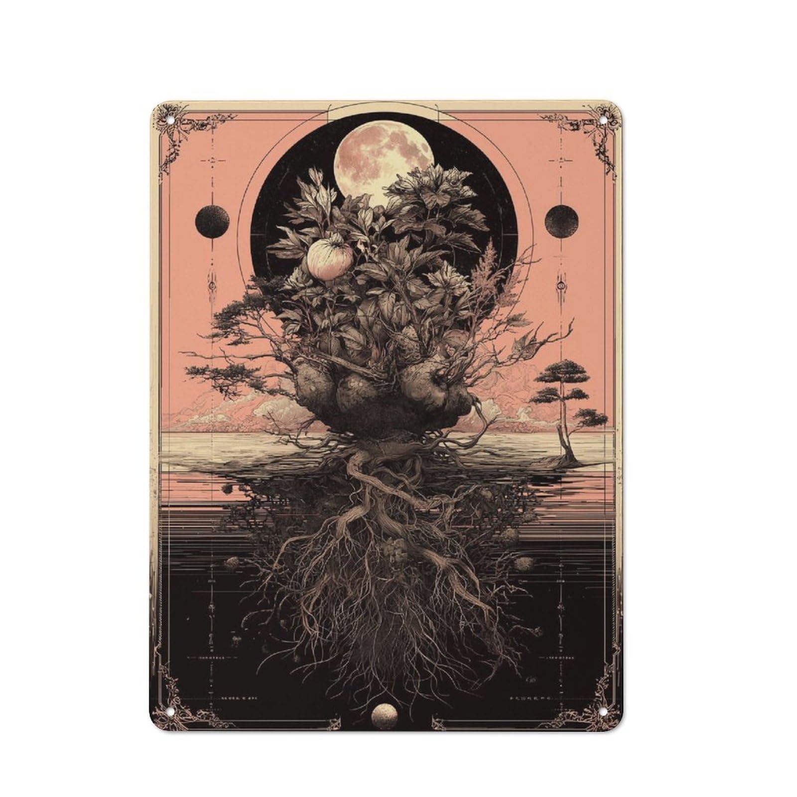 Metal Plaque with Mirrored Roots And Celestial Reflections Design 40x30cm, Vintage Bistro Wall Plaque for Coffee Bar, Kitchen, Bistro Or Tea Corner