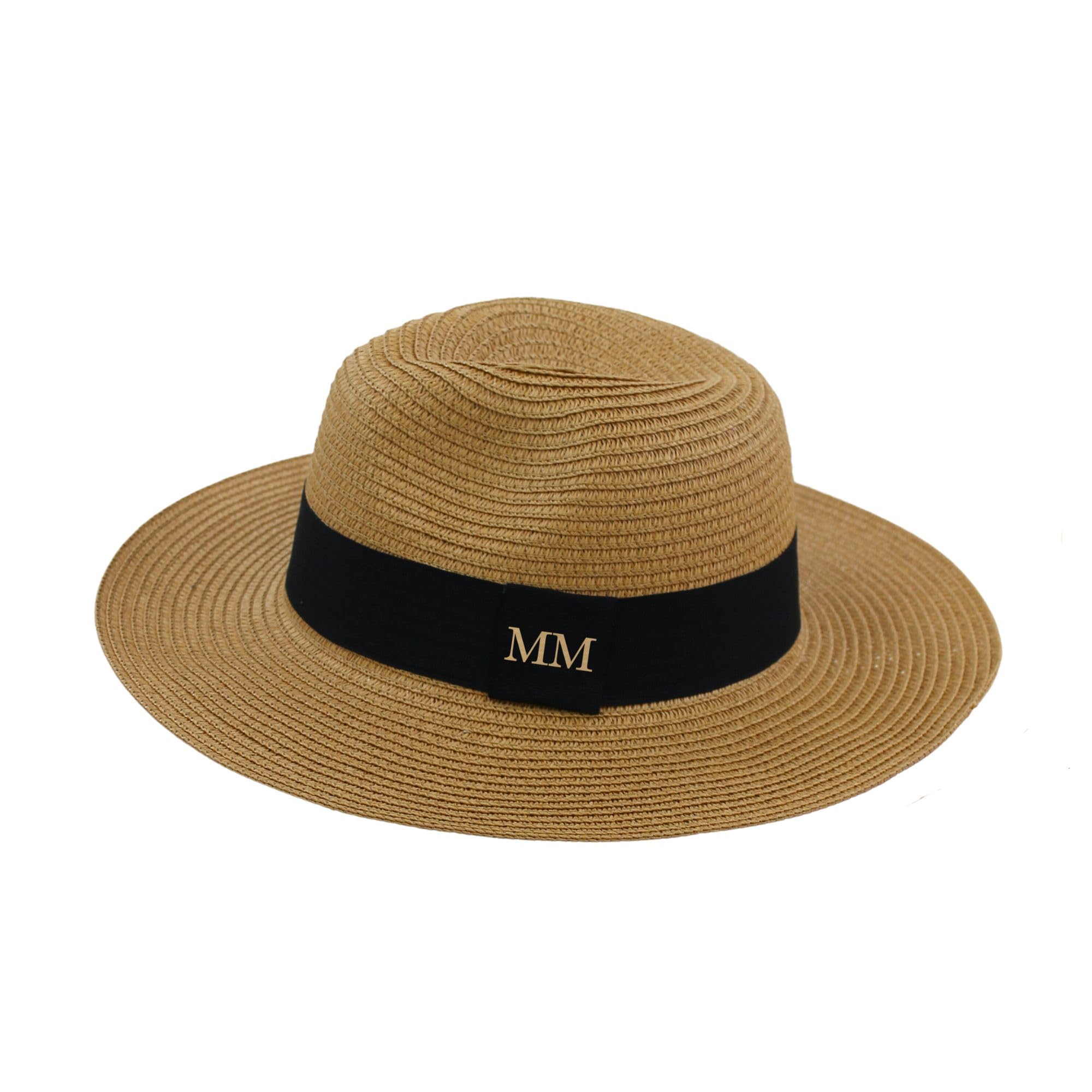 eBuyGB Personalised Adjustable Beach Hat with Initials Monogram Straw Hat Honeymoon Sun Hat for Bride Bridesmaids Holiday Fedora Hat for Her (Brown)