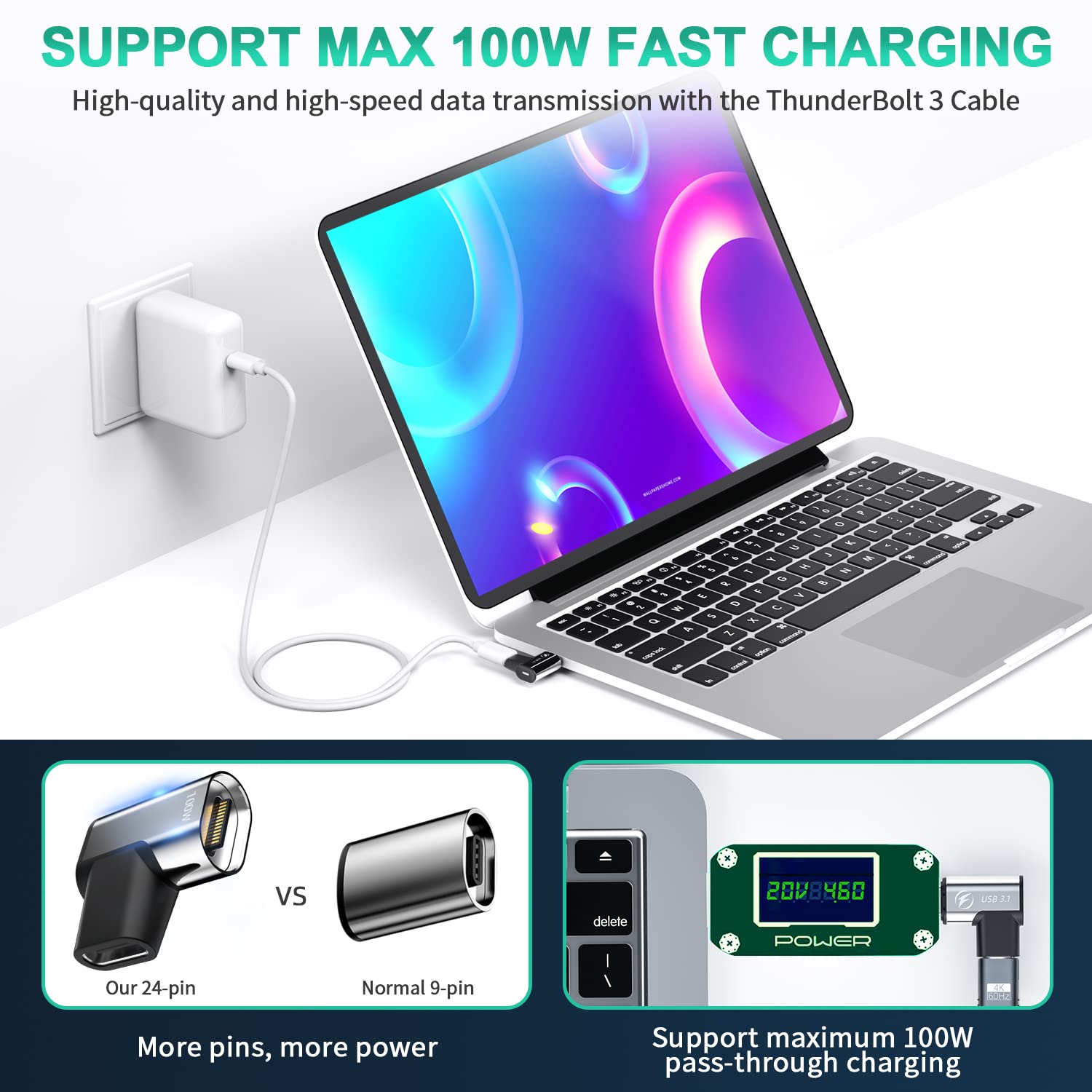 USB C magnetische adapter 240 W, 24-pins USB C 90 graden adapter Type C- adapter met USB4 40 Gbps gegevensoverdracht, 8K 60 Hz video voor Thunderbolt 3/4, MacBook Pro/Air Elbow, 2-pack