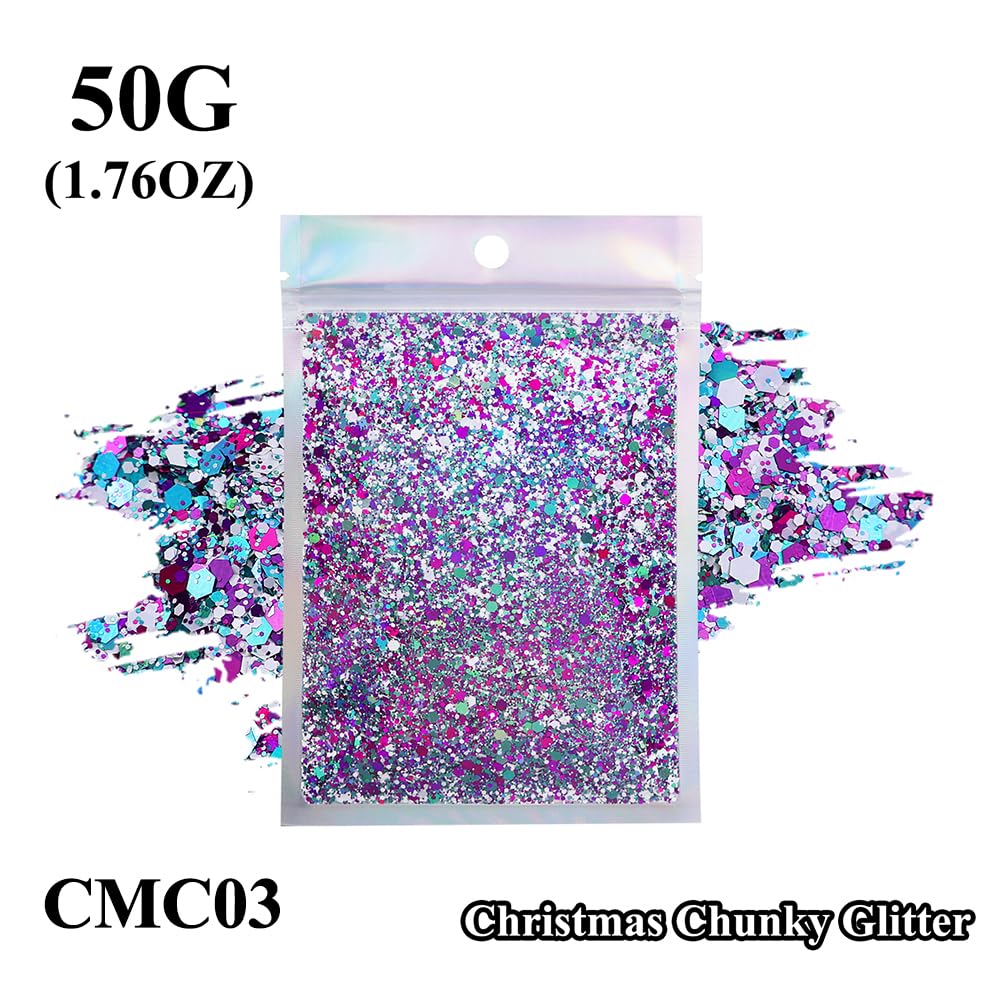 Christmas Chunky Glitter Epoxy Resin Flake Sequin Glitter for Crafts Resin Tumbler Keychain Jewelry Making, Sparkle and Shine with Chunky Glitters for DIY Art,Jewelry Making (CMC03-50G)