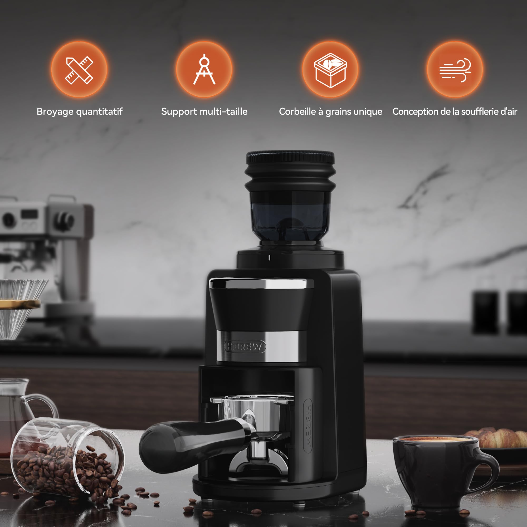 HIBREW G3A Moulin à café électrique - Moulin conique en acier inoxydable avec arôme préservé, tasse unique, 200 watts, 31 réglages de mouture réglables