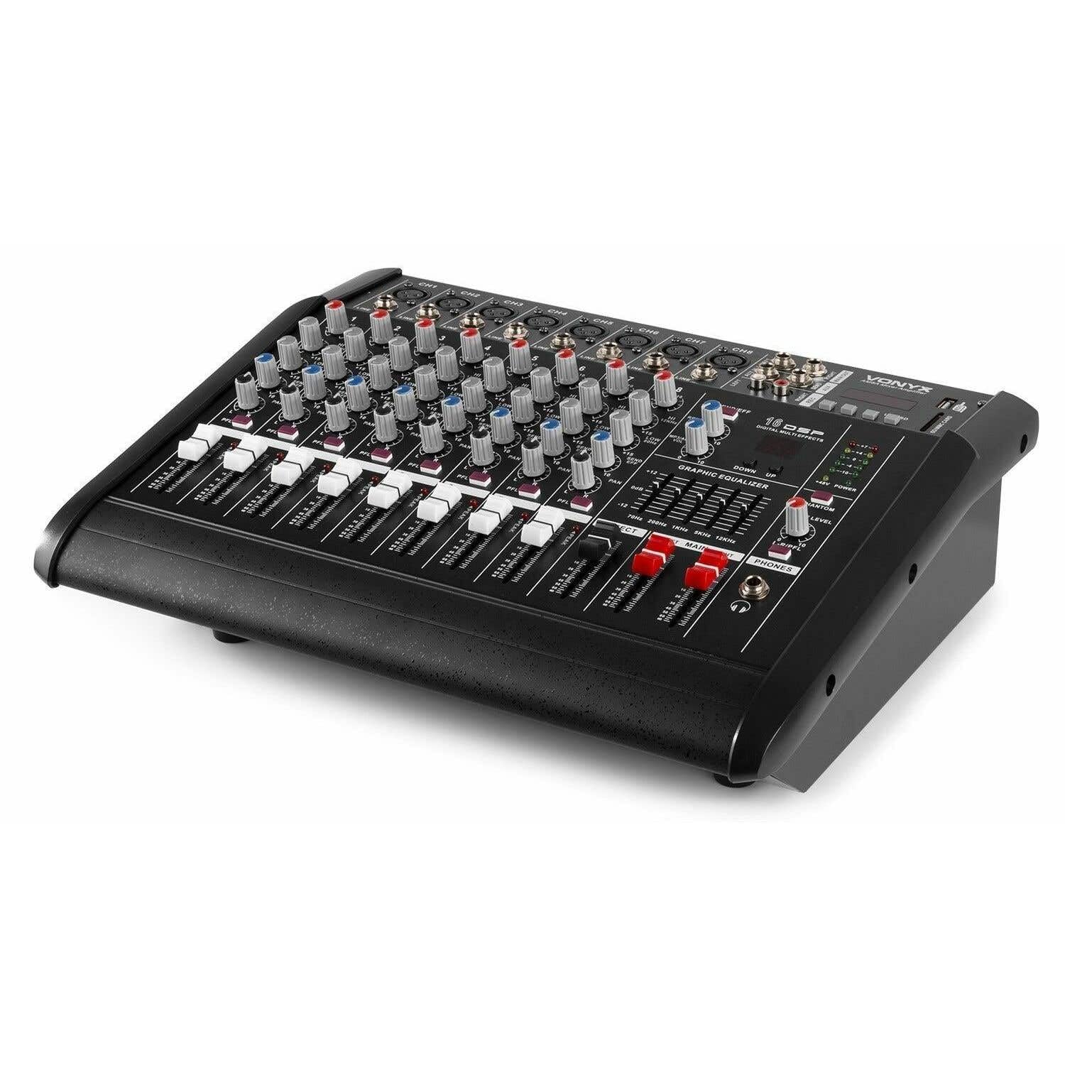 VONYX AM8A Mixer 8 Canali con Amplificatore da 1000 Watt Integrato, Bluetooth, MP3/USB/SD, 16 Effetti Digitali, Ingresso RCA, Audio Professionale, DJ, Discoteca
