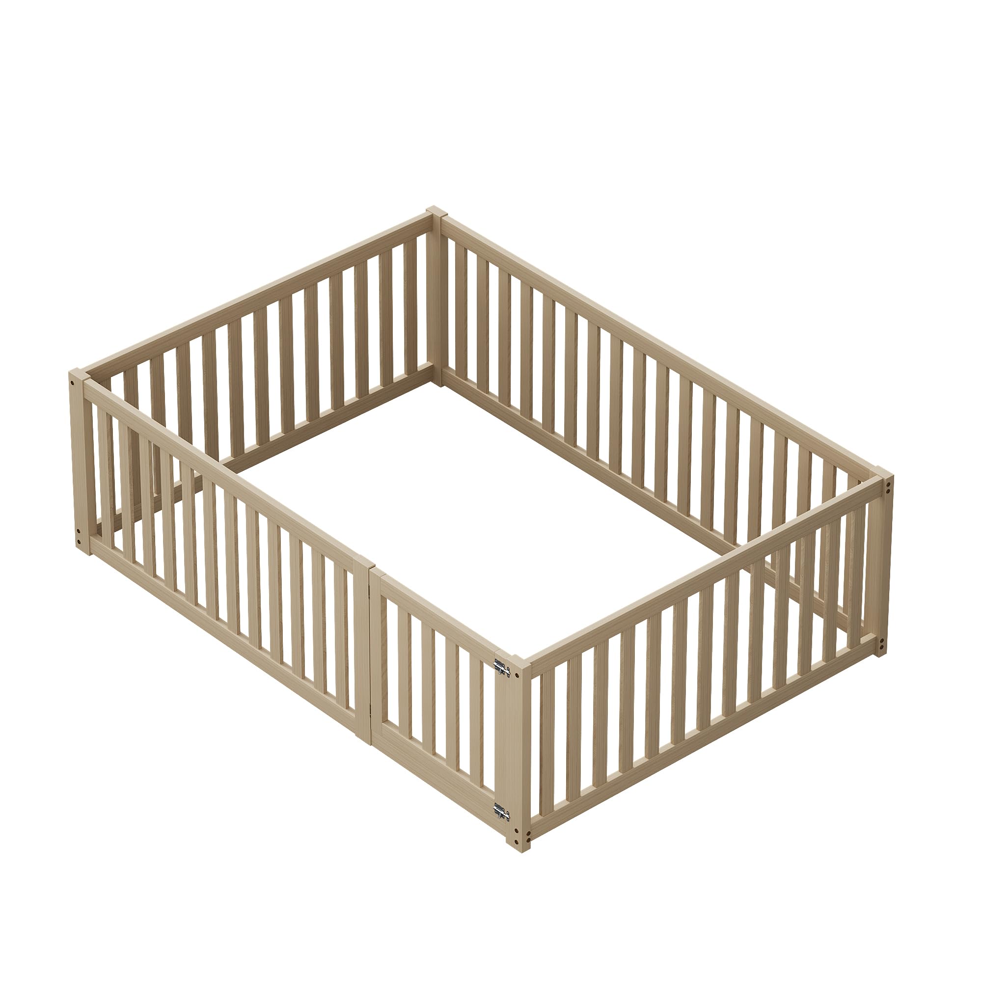 Zepneiy Lit Enfant 140 x 200 cm, Cadre de lit au Sol en Bois Massif, lit Enfant avec clôture et Porte, Coloris Naturel