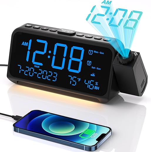 Projection Alarm Clock for Bedroom, Alarm Clock with 350 ° Rotatable Projector, 5 Brightness, Dual