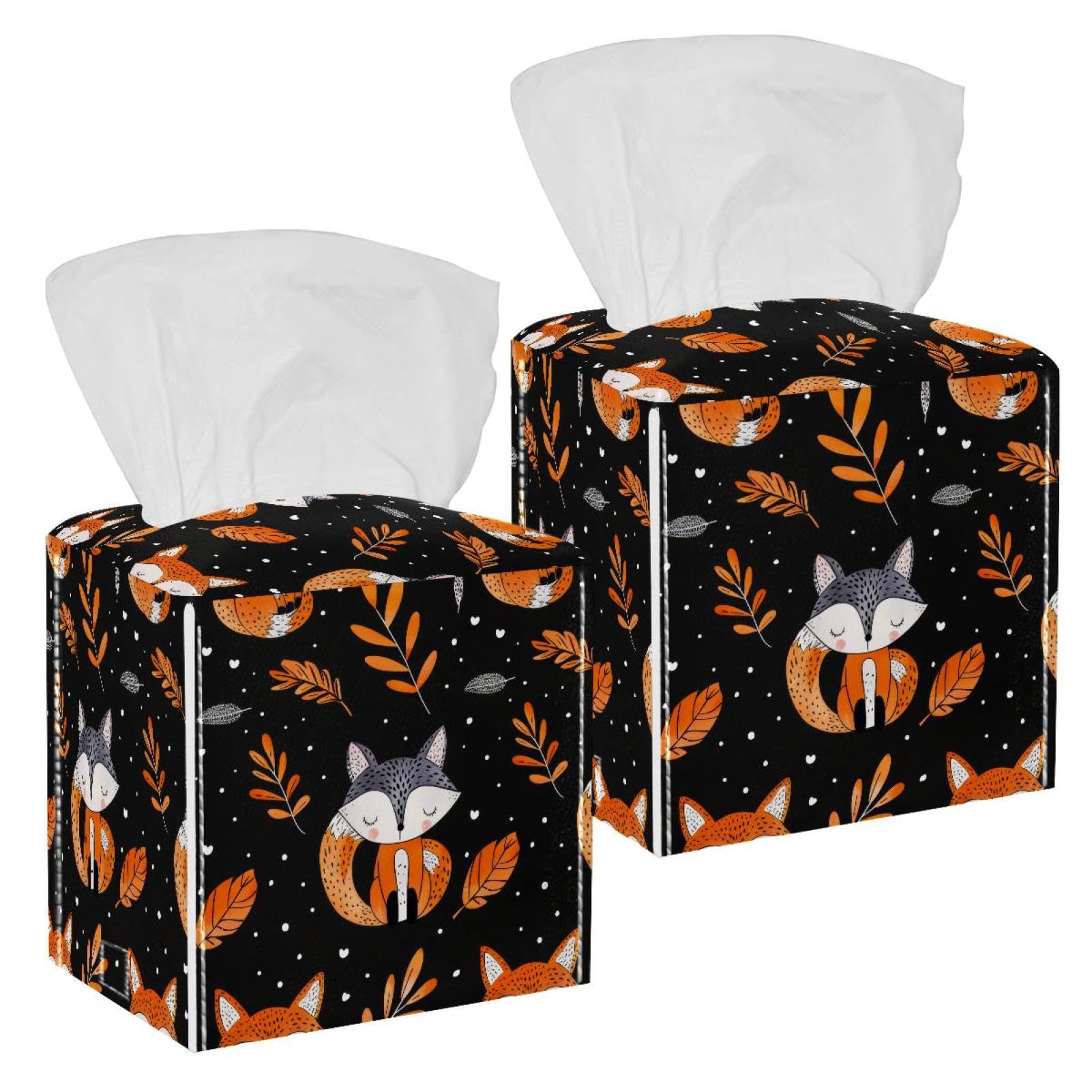 Autumn Fox Tissue Box Cover, 2 Pack PU Leather Square Facial Tissue Dispenser Box holder for Home Office Car