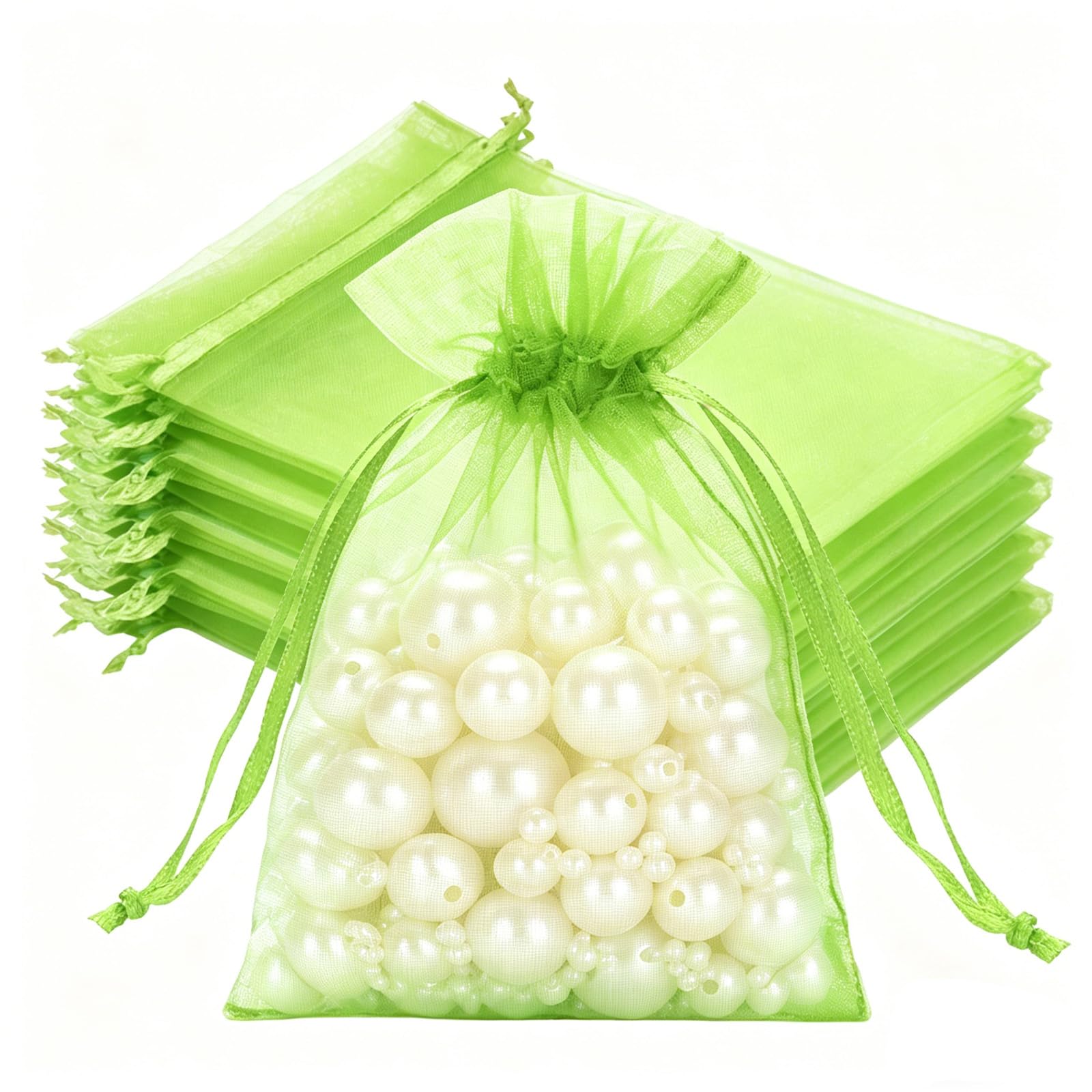 joycraft 50Pcs Light Green Organza Bags - 4x6 In Party Favor Drawstring Mesh Pouch, Sheer Organza Jewelry Bags for Birthday, Baby Shower, Wedding, Graduation