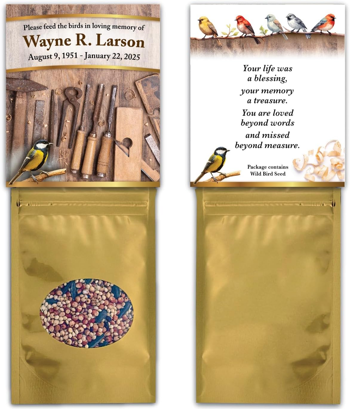 Personalized Woodworking Carpentry Memorial Funeral Bird Seed Packets with Choice of Sympathy Poem, Tribute, Keepsake, Wild Bird Seed Favors, Remembrance, Celebration of Life, Tools Design - Qty 25