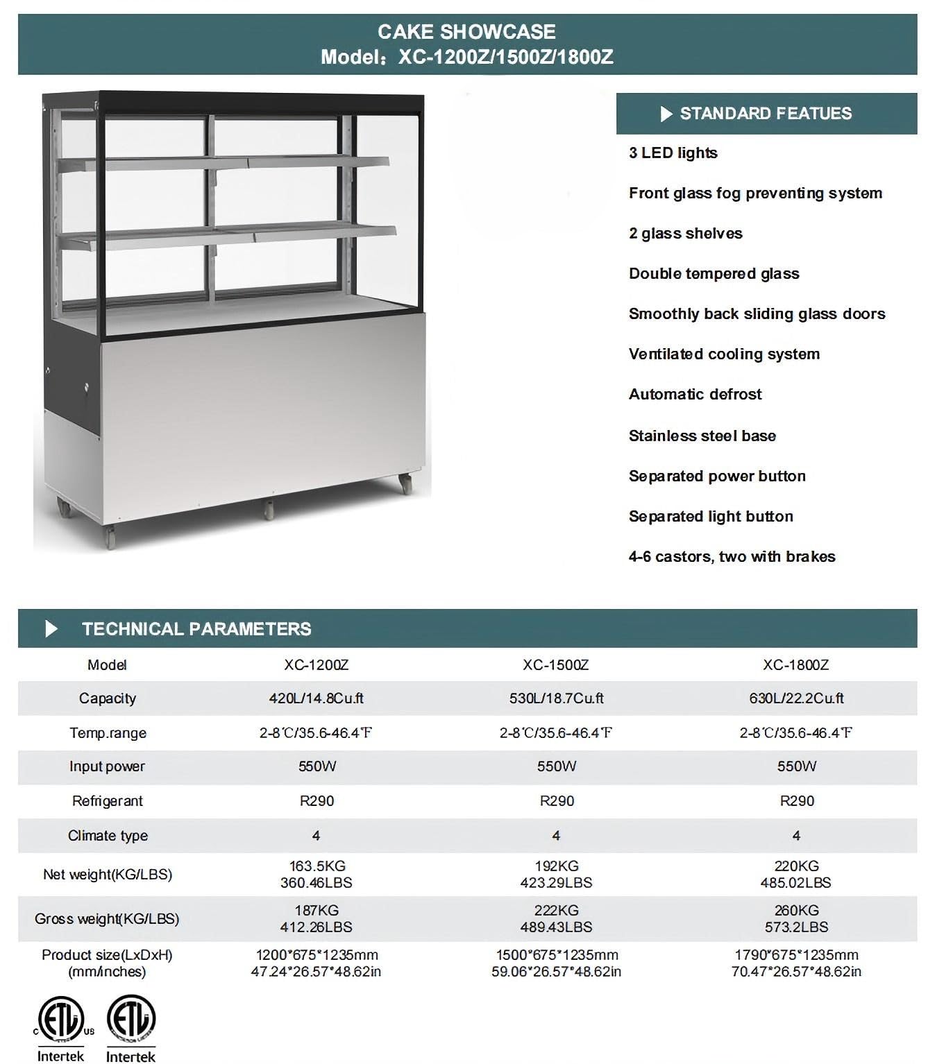 Elite Kitchen Supply Commercial Cake Display Case, 18.7 Cu.Ft, 3 LED Lights, Double Tempered Glass, Stainless Steel Base, 59x26.57x48.62 inches XC-1500Z