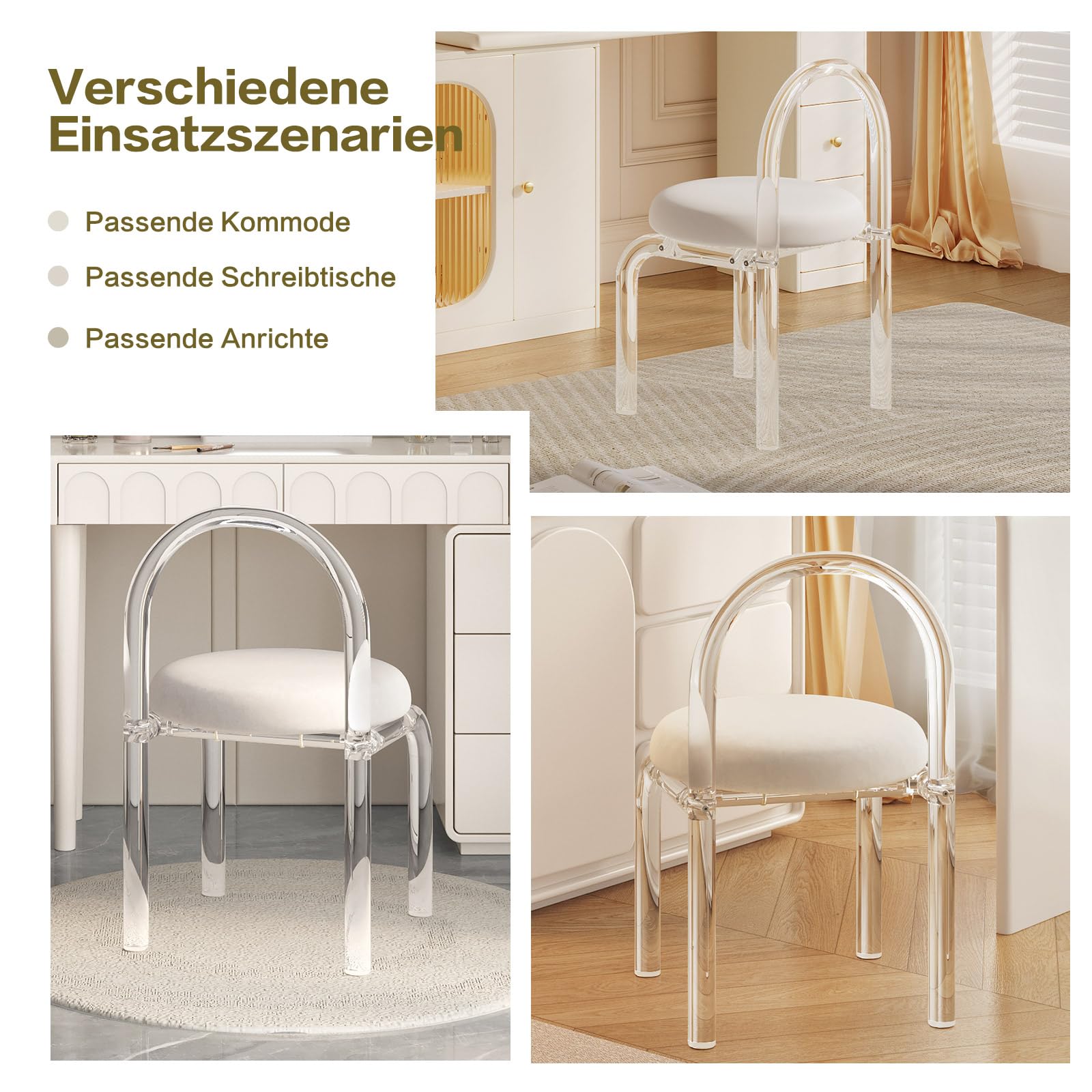 Miuuod Stilvoller Schminkstuhl aus Kristallacryl, niedlicher Schminktischstuhl, Acrylstuhl im Cartoon-Stil mit weich gepolsterter Sitzfläche für den Frisiertisch