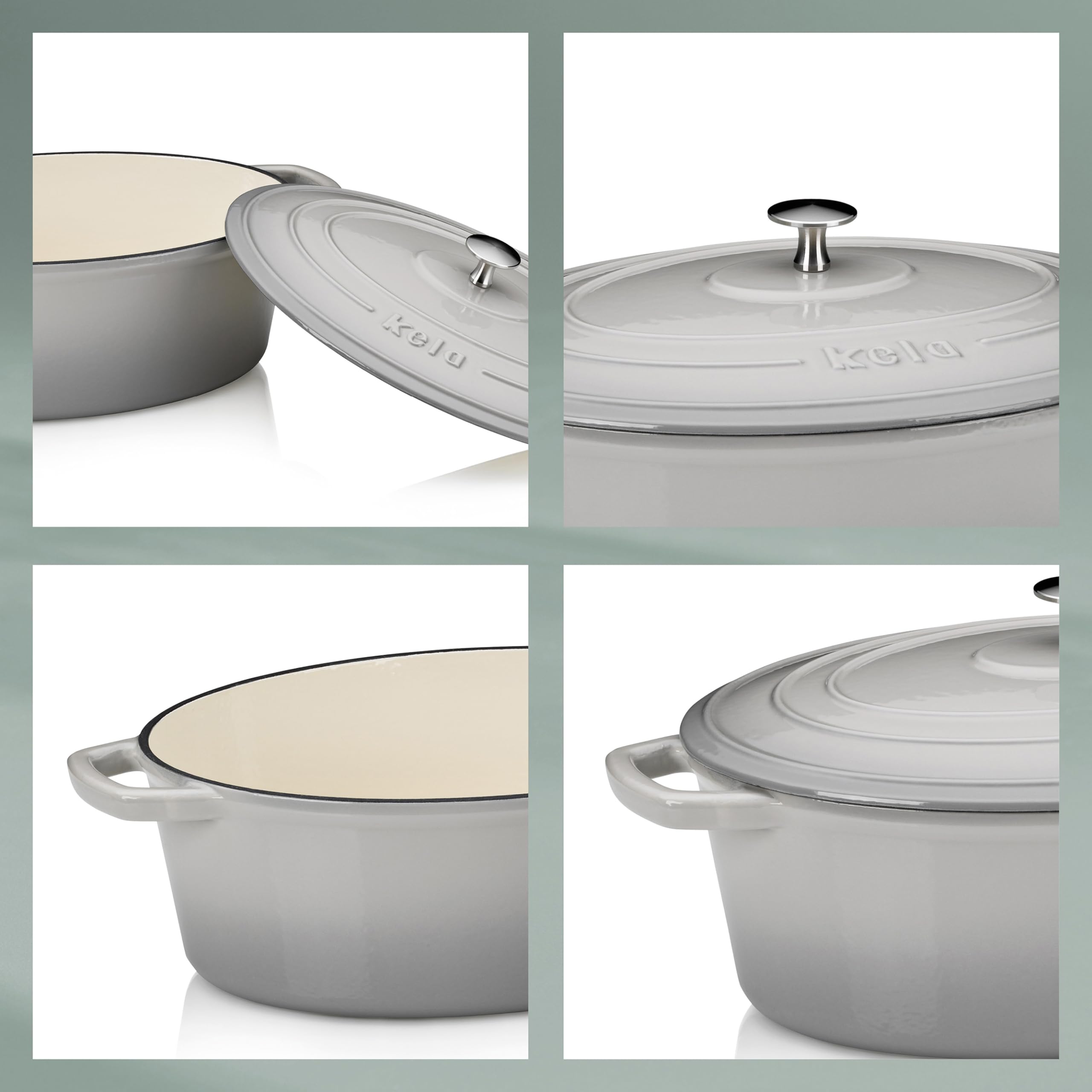 kela Bräter Gusseisen oval 9,3 Liter, Dutch Oven CALIDO, Induktion Gussbräter mit Deckel backofengeeignet, Gusseisen Topf emailliert, hellgrau