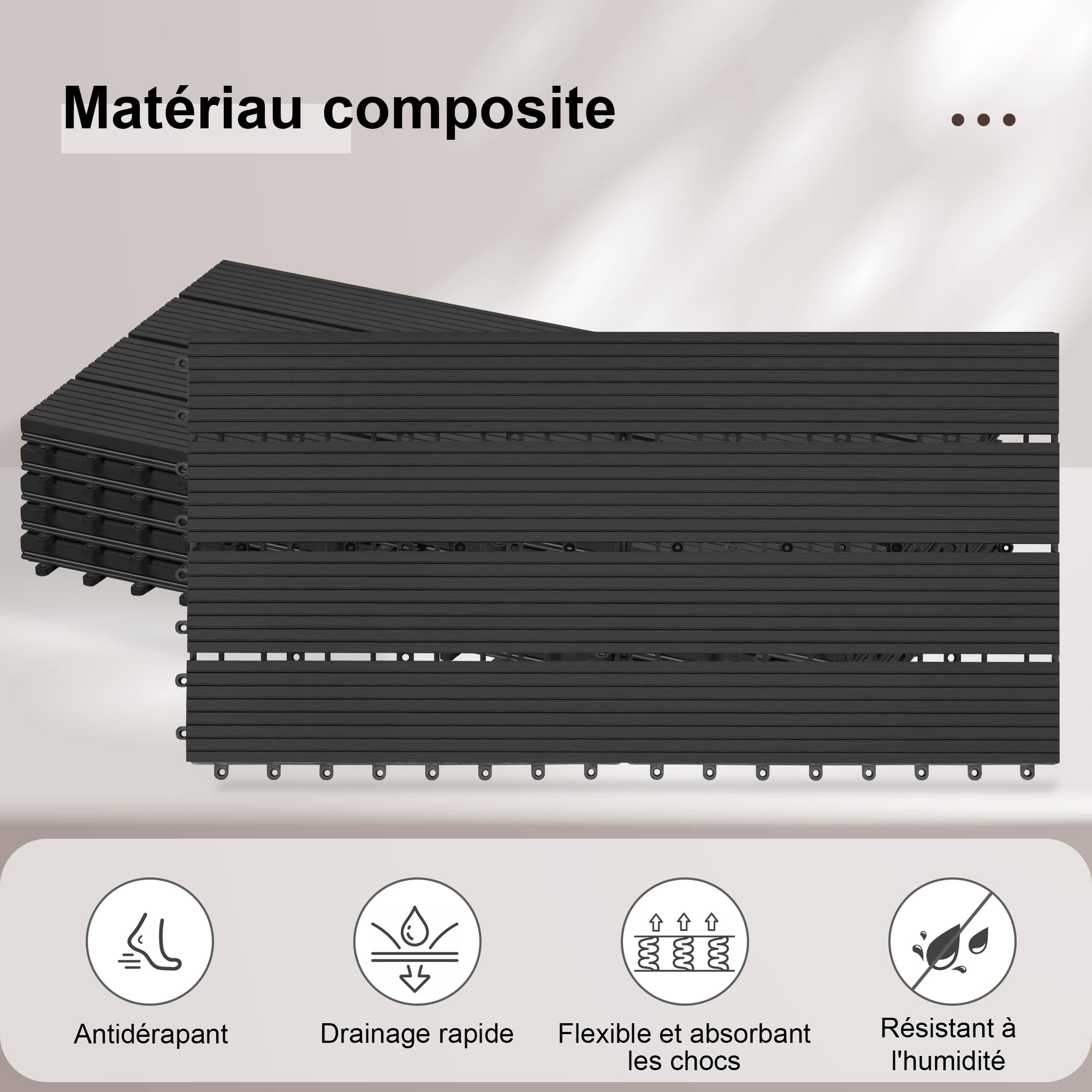 Laneetal Dalle de Terrasse WPC Emboîtable, Lot de 12 Carreaux de Sol Extérieur à Clipser pour Patio, Terrasse, Balcon, Piscine, 30x60 cm, Anthracite