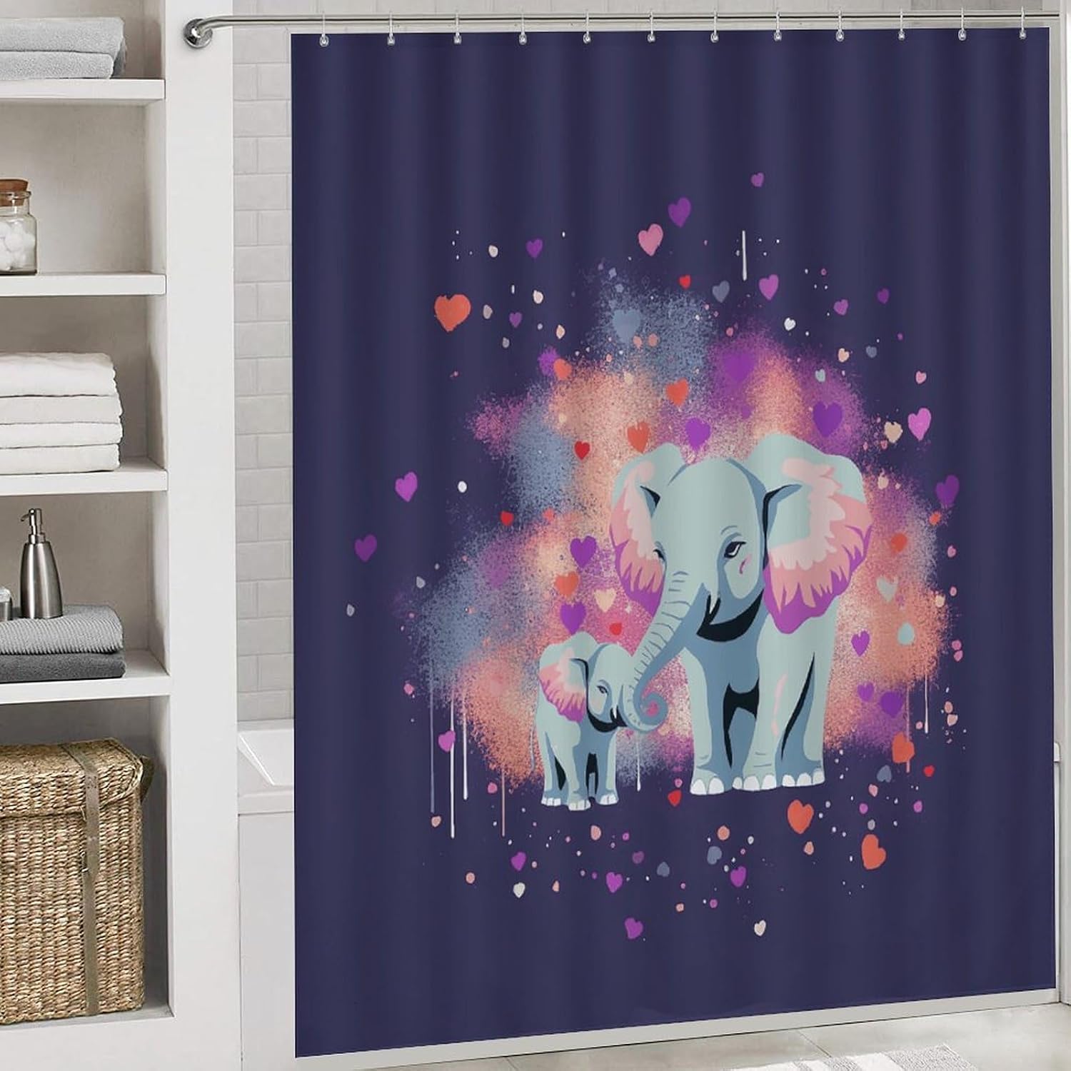 Elephant Sprays Love 4Pcs Shower Curtain Set with Non-Slip Rugs, Toilet Lid Cover and Bath Mat,Bathroom Set Decor Accessories,Curtain Set with 12 Hooks, 72 X 72 Inch