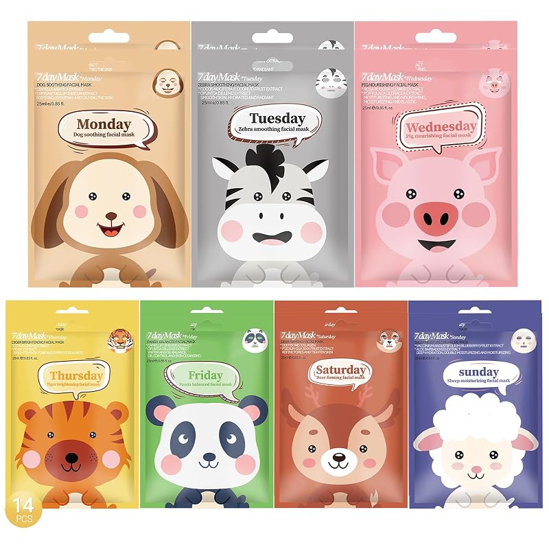 Máscaras faciais de tecido Erinde com personagens de animais, Pacote com 14
