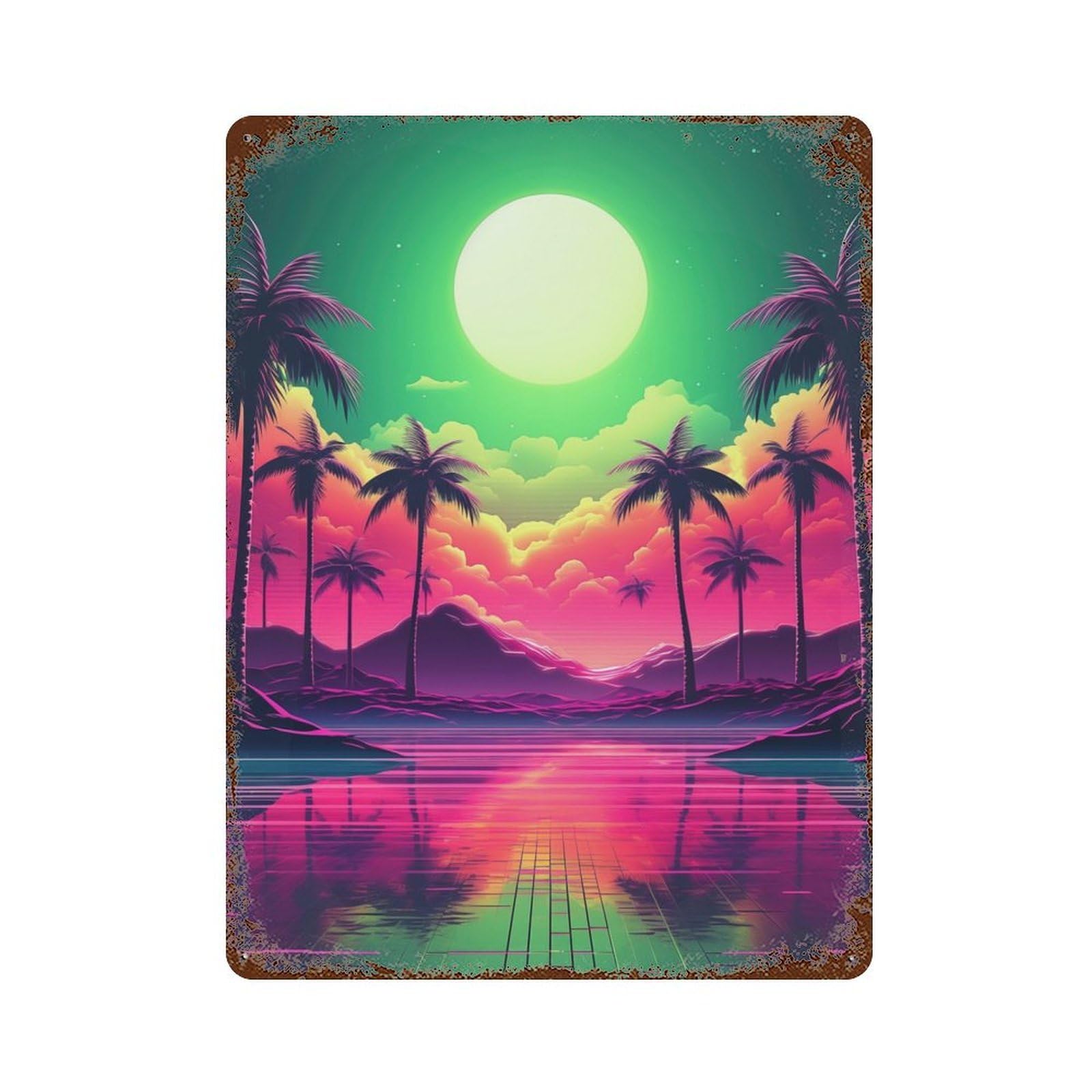 Aged Metal Wall Plaque with Abstract Retrowave Horizon Design 15.7"x11.8", for Basement, Hobby Room And Garage Decor, Farmhouse Wall Decor