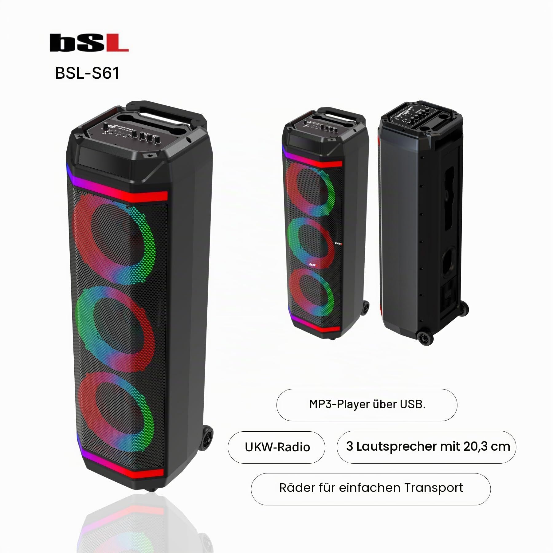 Bluetooth-Lautsprecher BSL-S61 mit Beleuchtung an den Lautsprechern | 3 Lautsprecher mit 8 Zoll | 50 W | Inklusive Mikrofon | 3600 mAh Akku | FM-Radio und MP3-Player via USB | USB-C-Aufladung