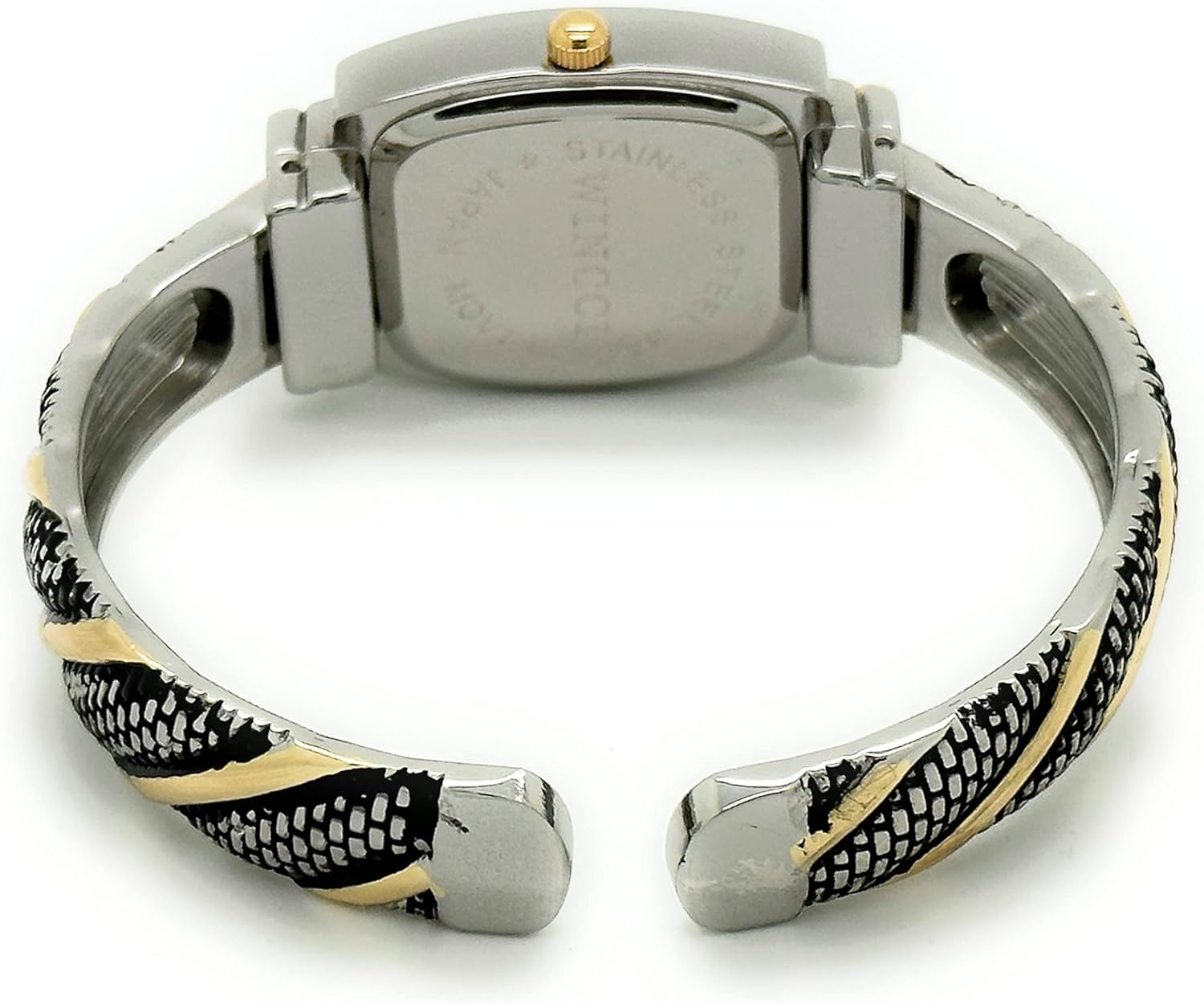 Ladies Rectangle Case with Small Studs Metal Bangle Cuff Fashion Analog Quartz Watch Mother of Pearl Dial Easy to Read Black Numbers Black Hour Minute Second Hands