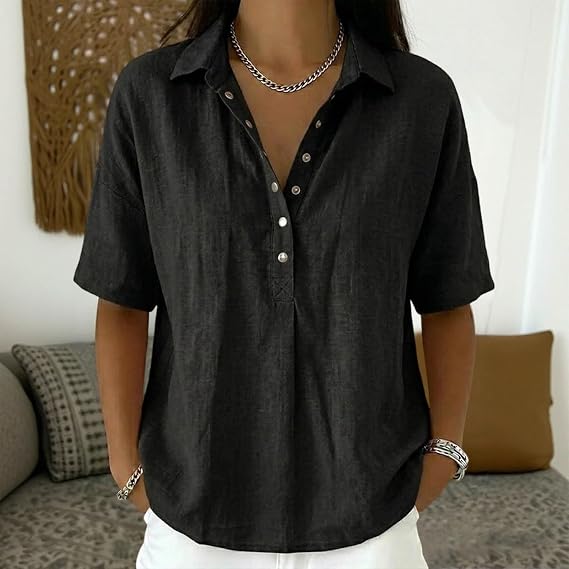 Linen Tops Women 2026 Summer Half Sleeve Gauze Shirts Trendy Snap Button Down V Neck Cotton Linen Blouses
