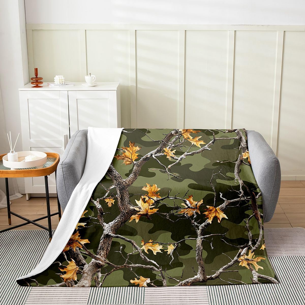 Erosebridal Camoflage Blanket Queen 90x90 Kids Camo Tree Flannel Blanket for Bed Sofa Crib Military Style Bedroom Decor Woodland Natural Branches Army Green Room Decor Fuzzy Plush Throw