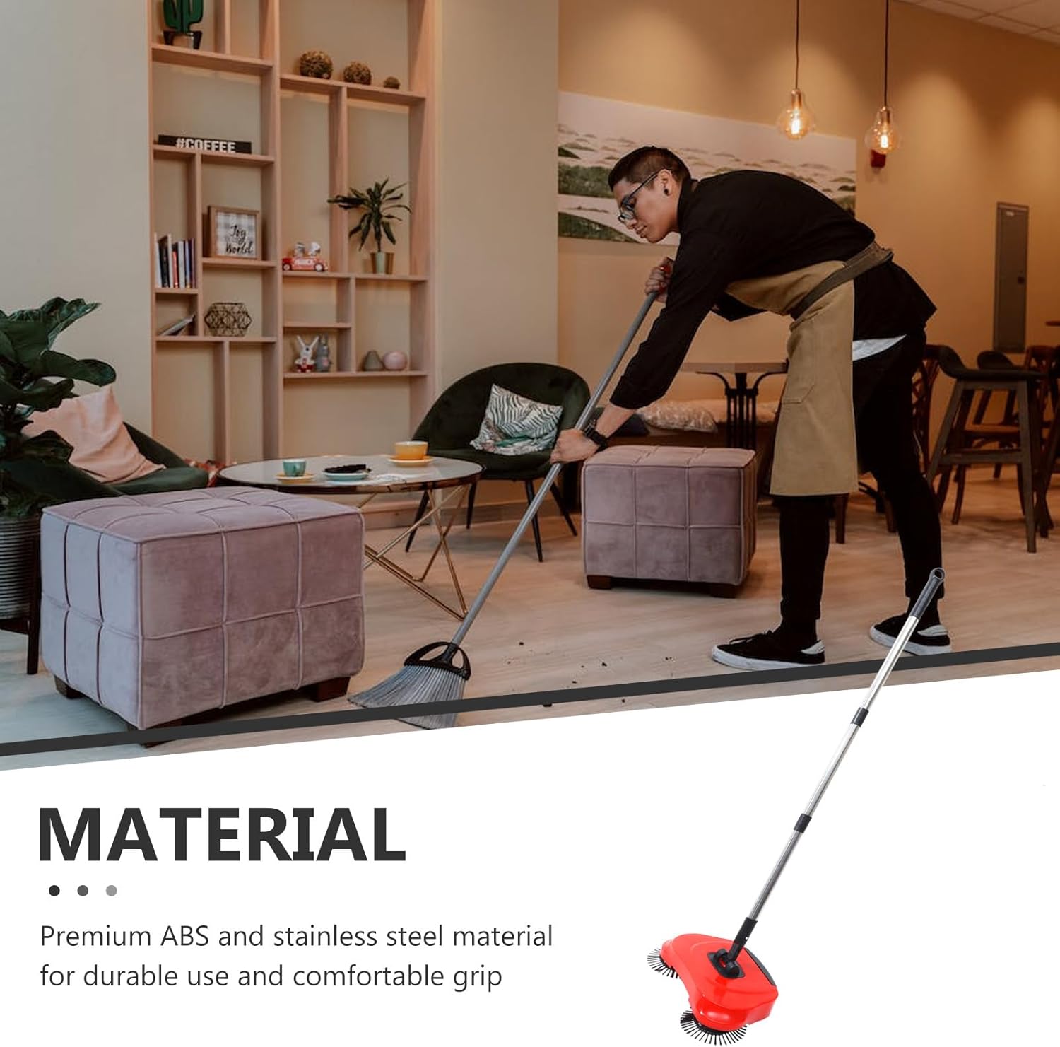 PRETYZOOM Hand Push Sweeper 3-in-1 Rotating Broom Dustpan Floor Cleaner with Adjustable Handle for Hardwood Tile Marble Floors