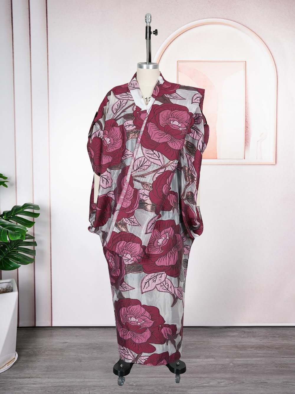 HD African Stylish Bubu Dress for Woman Floral Pattern Caftan Gown Adjustable Sleeves with Buckle - Image 3