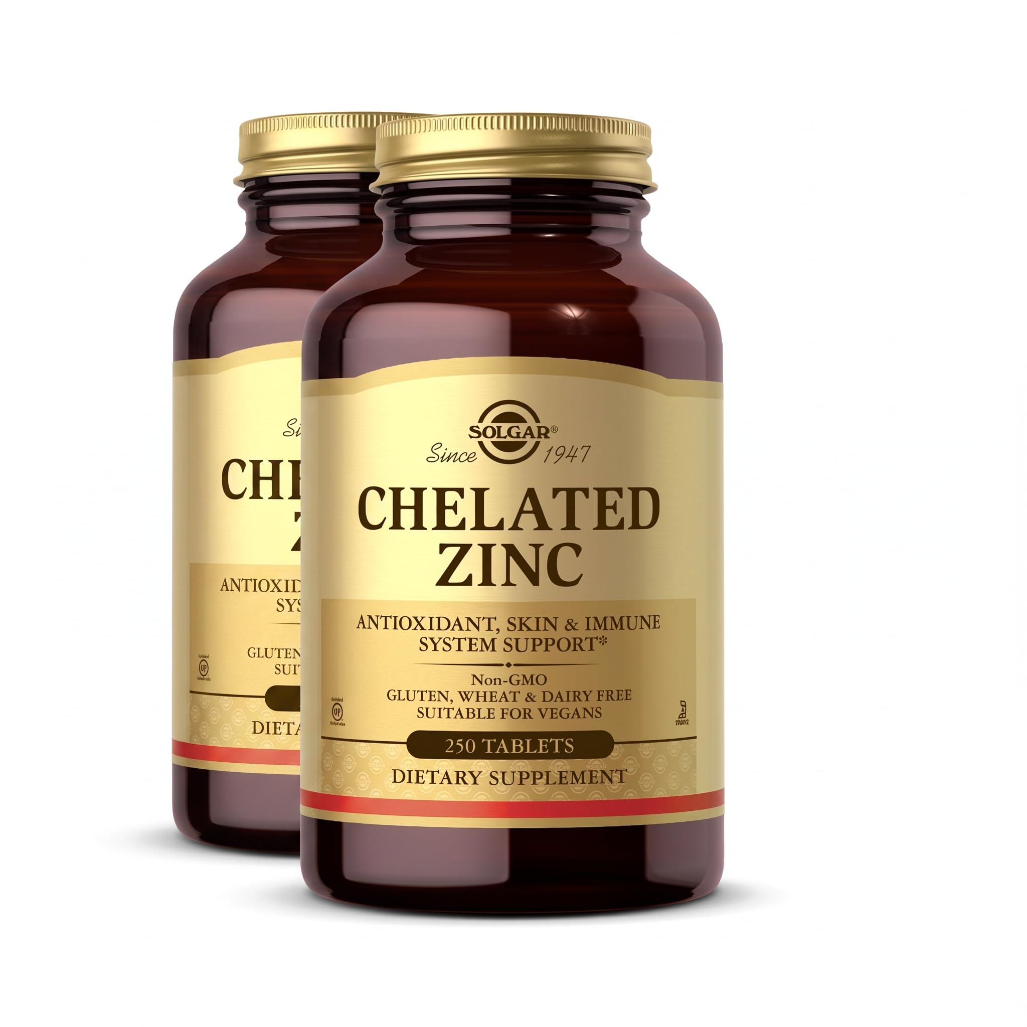 Solgar Chelated Zinc,250 Tablets-Zinc for Healthy Skin-Supports Cell Growth&amp;DNA Formation-Exerts Antioxidant Activity-Supports A Healthy Immune System-Non GMO,Vegan-250 Servings,(Pack of 2)