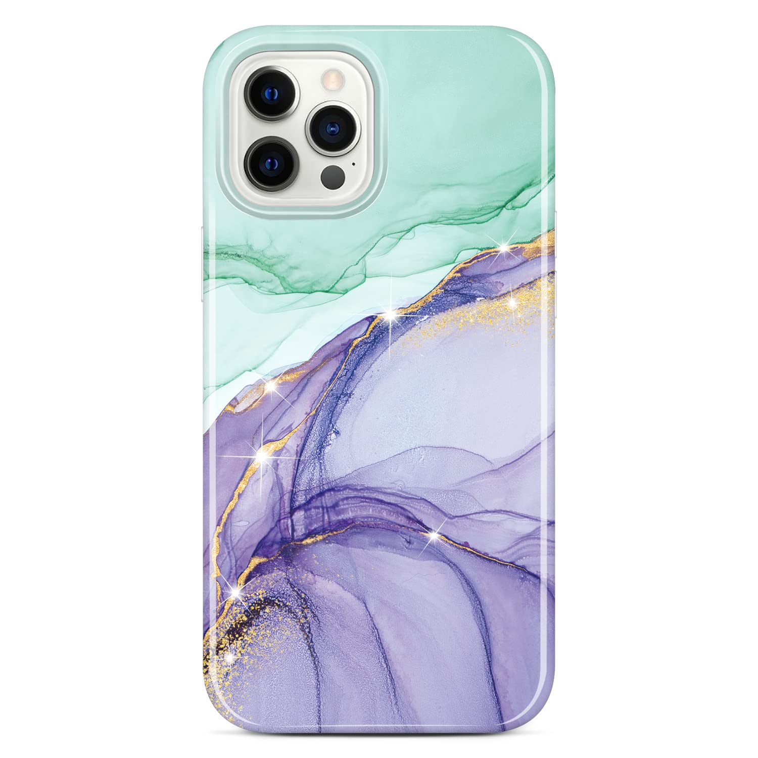 JAHOLAN iPhone 12 Case iPhone 12 Pro Case Bling Glitter Sparkle Marble Design Clear Bumper Glossy TPU Soft Rubber Silicone Cover Phone Case for iPhone 12/12 Pro - Green Purple