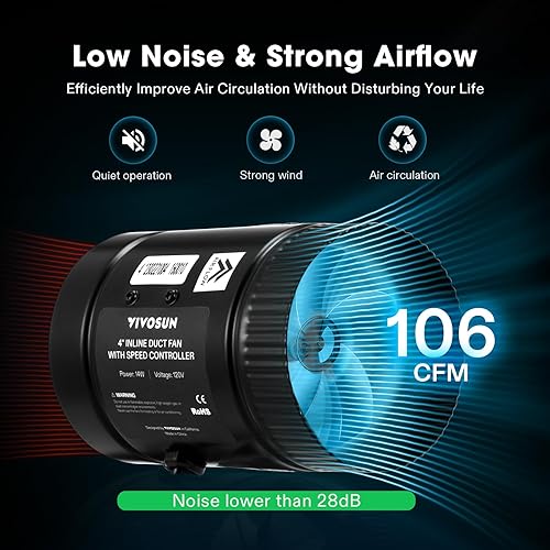 Miniatura 3 de VIVOSUN Ventilador de conducto de refuerzo en línea de 4 pulgadas 106 CFM con controlador de velocidad, ventilador de ventilación de escape HVAC con