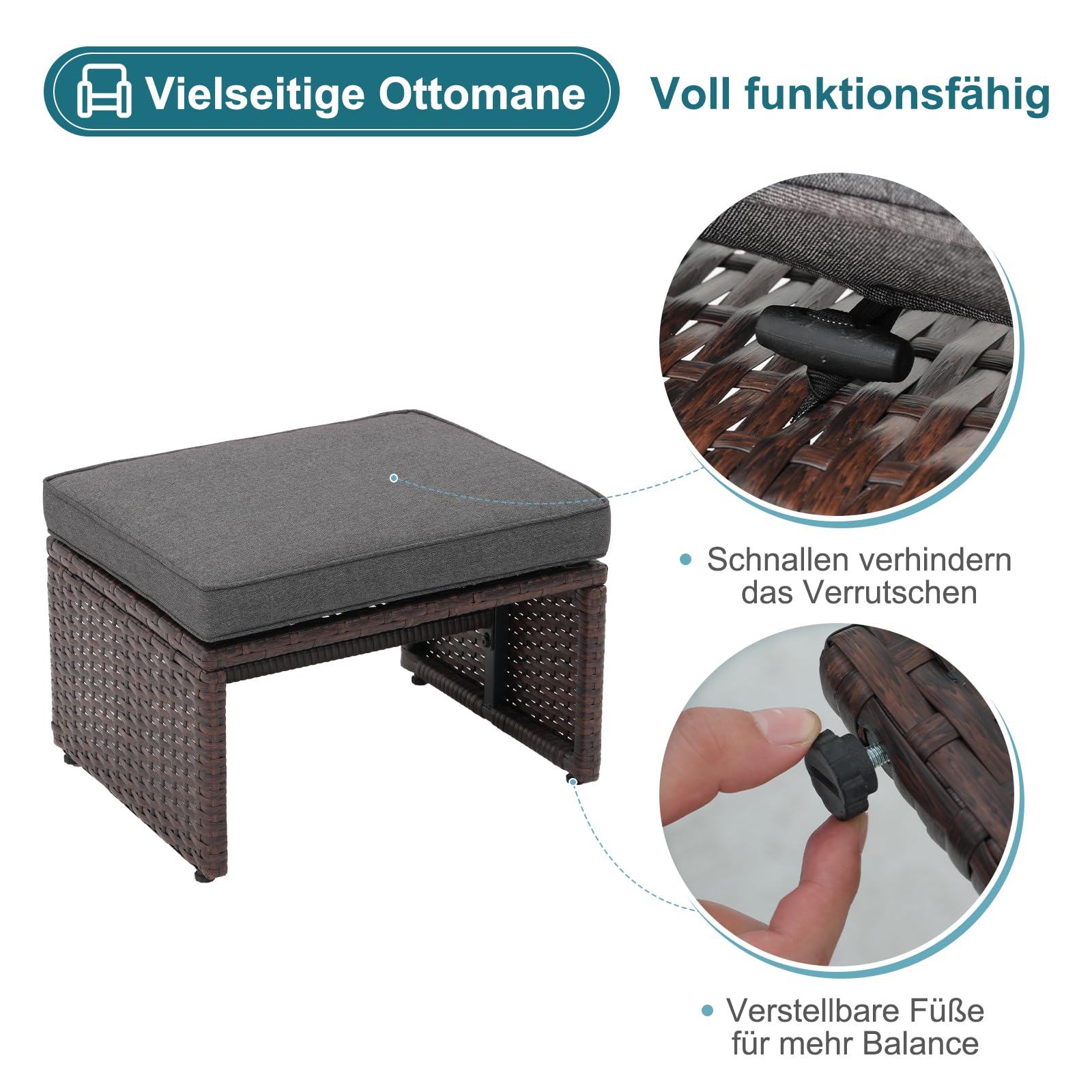 OC Orange-Casual 5-TLG Garten Unterhaltung Set, Balkon Möbel Set mit Kissen, brauner Rattan-Sessel mit Hocker&Couchtisch, für Garten, Hinterhof und Veranda (Dunkelgrau)