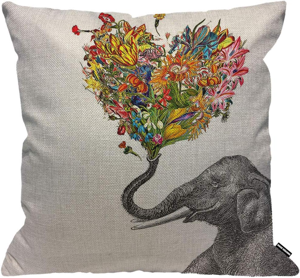 HGOD DESIGNS Elephant Cushion Cover,Elephant with Colorful Love Style Flower Throw Pillow Case Home Decorative for Men/Women Living Room Bedroom Sofa Chair 18X18 Inch Pillowcase 45X45cm