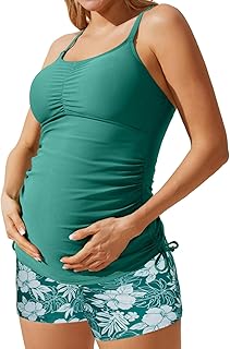 Maacie Maternity Athletic Tankini Swimsuits Two Piece Floral Print Ruched Tops with Shorts