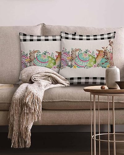 Miniatura 2 de Pack of 2 Cotton Throw Pillow Covers, Happy Easter Bunny Rabbits Buffalo Plaid Eggs Soft Square Pillow Covers Home Decoration Pillowcases for Living