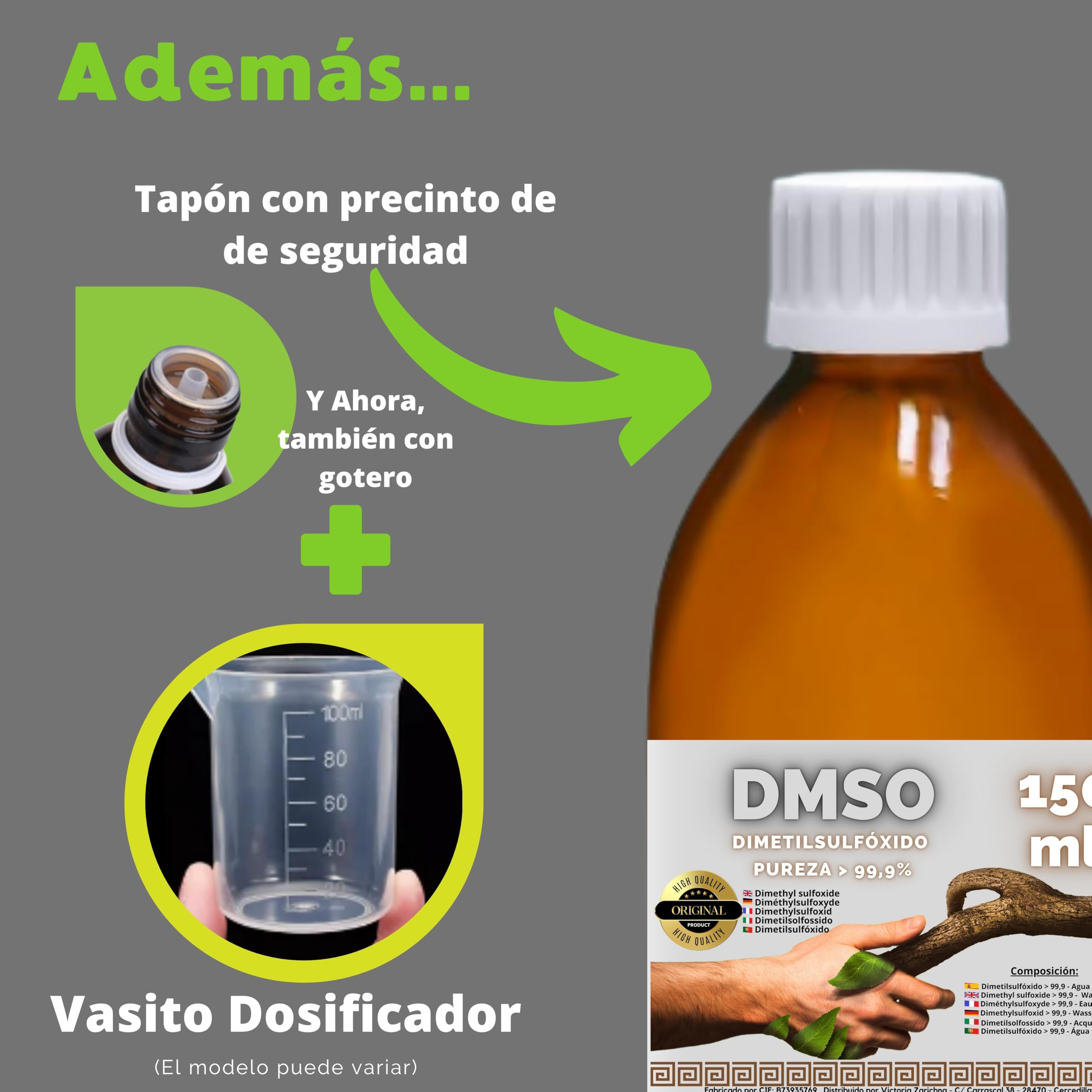 DMSO 150 ml. 99,9% Pureza Con Gotero | Dimetilsulfóxido Calidad Ph Eur | Regalo Frasco125ml + Difusor + Vasito Dosificador | Frascos Ámbar de Laboratorio | Precinto de Seguridad