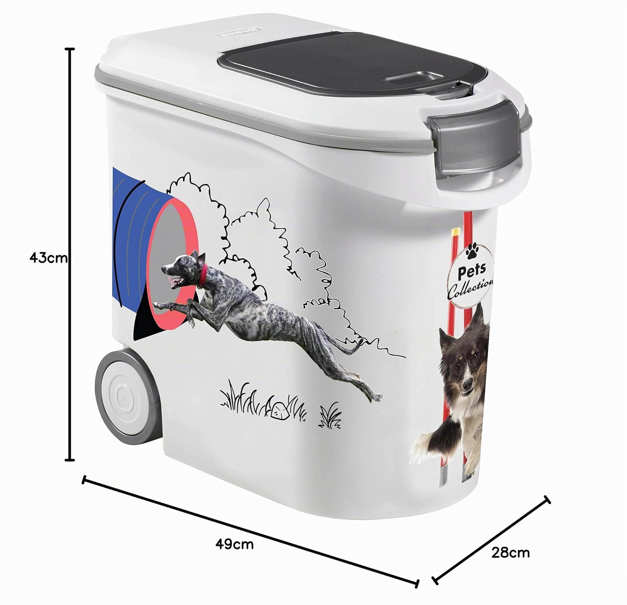 Curver Futterbehälter für Hunde – 35 l/12 kg – Pets Collection – luftdichte Aufbewahrung gegen Gerüche für Hundefutter – Behälter mit Rollen – 28 x 49 x 43 cm