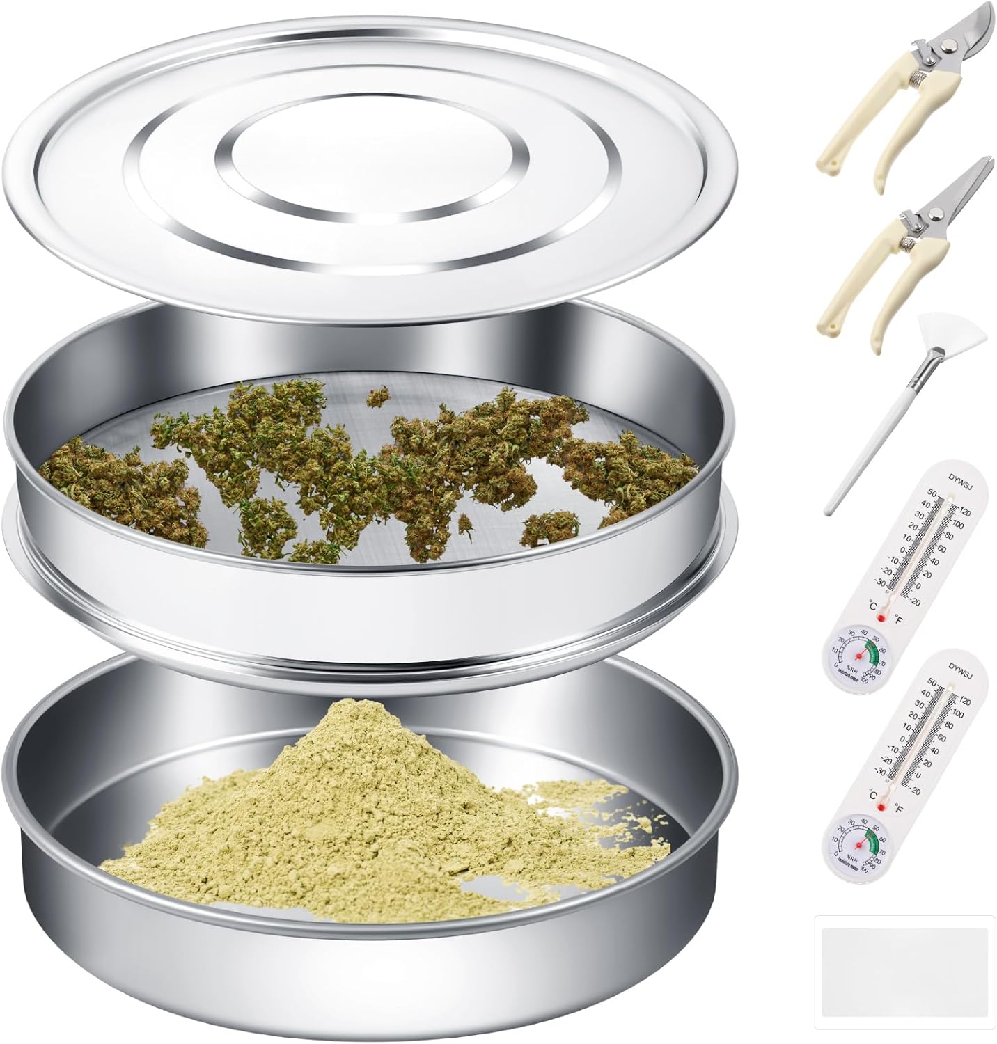 9 Pcs Trim Tray Kit Stainless Steel Trimming Tray with 150 Micrometer Fine Mesh Screen, Bottom Harvest Trim Bin, Trimming Scissors, Mini Hygrometers Magnifying Plastic Scraper and Brush