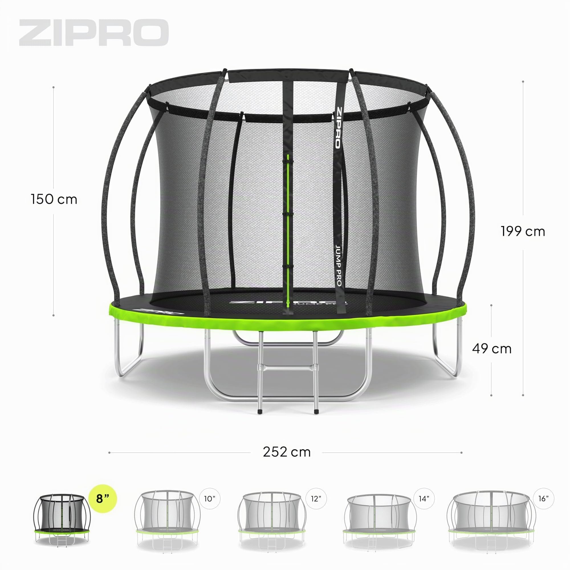 ZIPRO JumpPro PREMIUM Trampolino da Giardino, Trampolino per Bambini, con Rete Interna, Resistente, Protezione UV, Montaggio Facile, Portata fino a 150 kg,