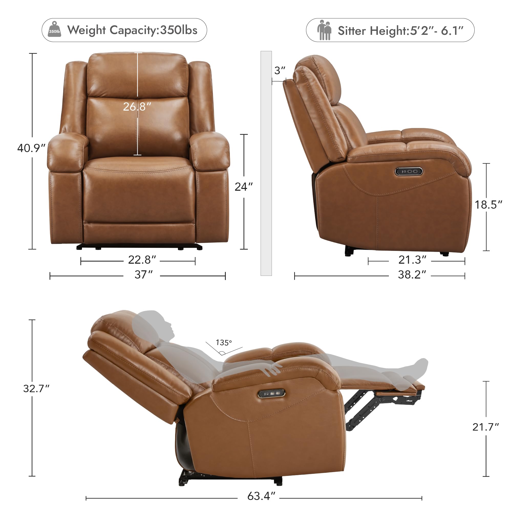 Watson & Whitely Sillas reclinables eléctricas de piel auténtica para adultos, reclinables de pared con reposacabezas eléctrico y puertos de carga, sofá reclinable eléctrico para sala de estar, sillín