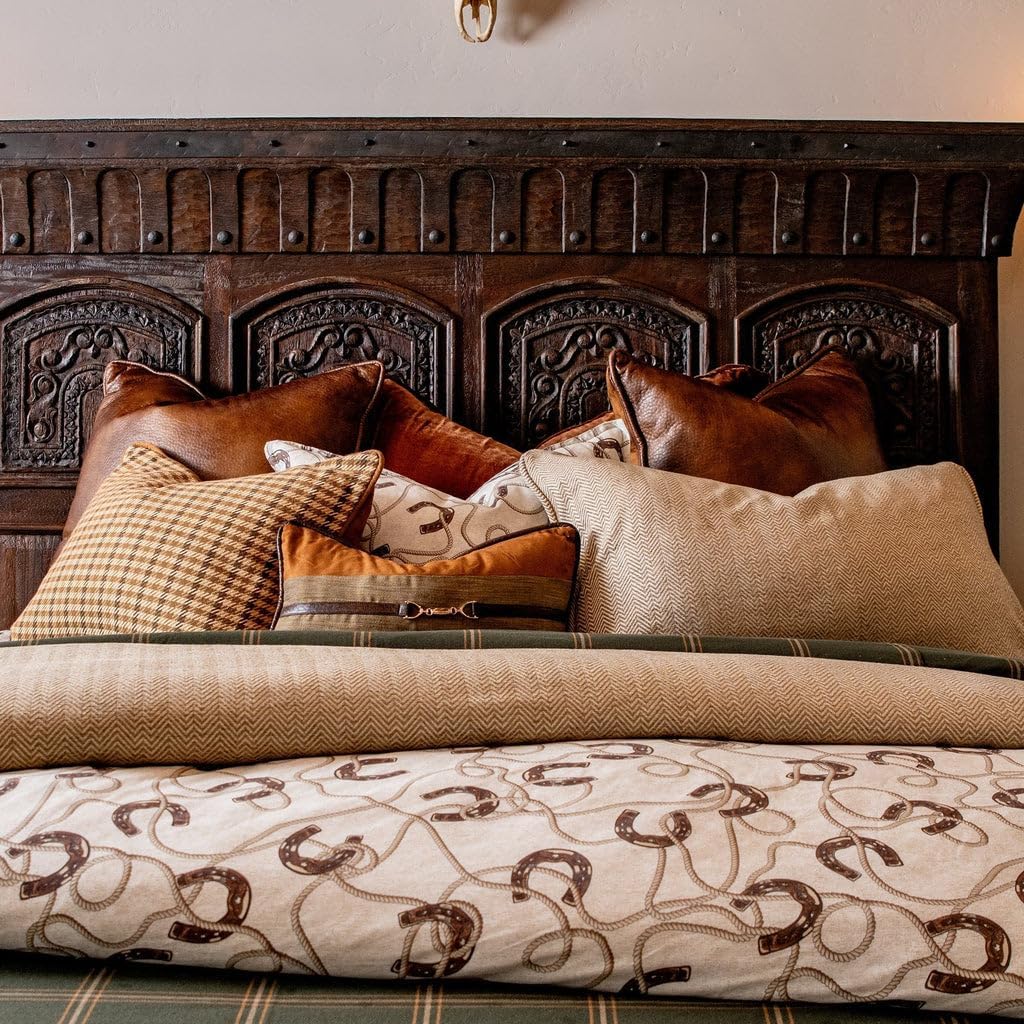 Paseo Road Tasha Polizzi Pierre Equestrian Western Bedding 3 Piece Queen Size Comforter Set, Brown Tan Cotton Sateen, Horseshoe Print, Modern Rustic Style Western Comforter with Pillow Shams