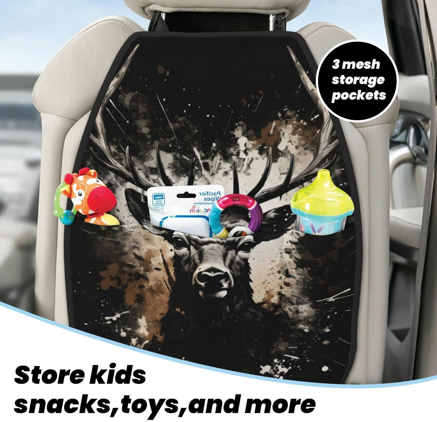 Car Seat Back Kick Protector 2 Pack 18.5x26.4 Inch, Vintage Deer Splash Anti-Kick Pad, Waterproof Oxford Fabric Large Rear Seat Cover for Kids Pets Fits SUV Jeep Truck Sedan