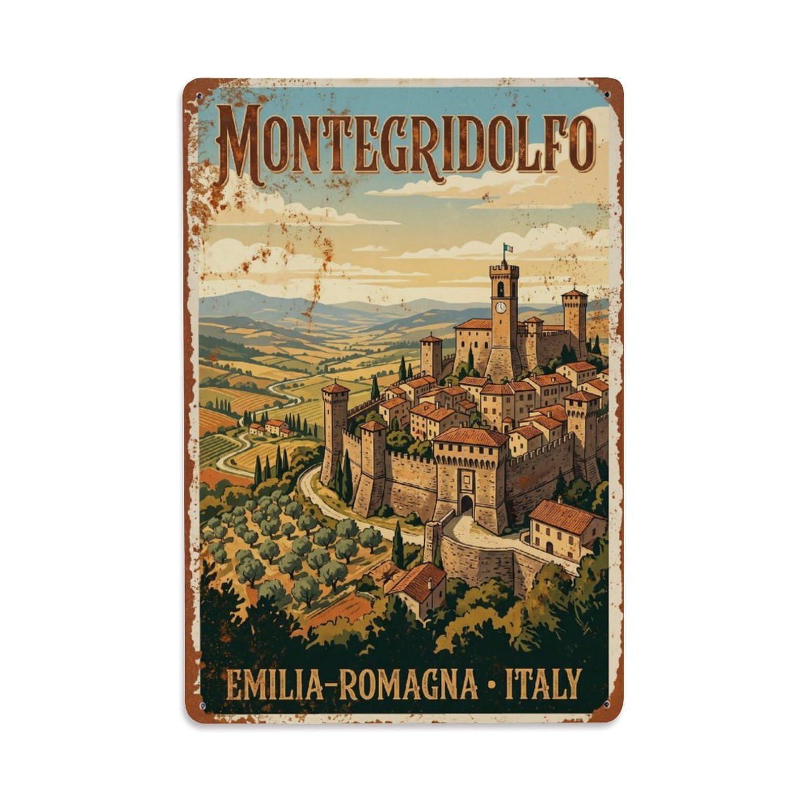 Vintage Travel Montegridolfo Italy Cartography Cityscape Metal Tin Sign Plaque Wall Decor for Cafe, Man Cave, Club Bar, Office, Home Garden Round Metal Poster 8x12Inch